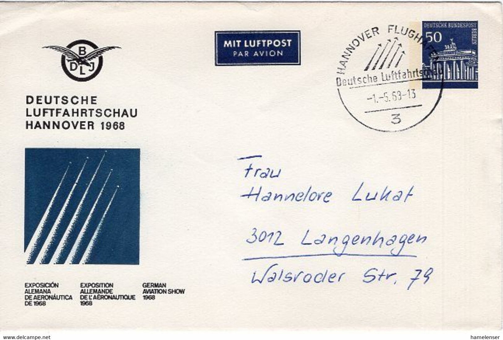 51556 - Berlin - 1968 - 50Pfg. Brandenburger Tor PGAUmschl HANNOVER FLUGHAFEN - DEUTSCHE LUFTFAHRTSCHAU -> Langenhagen - Andere (Lucht)