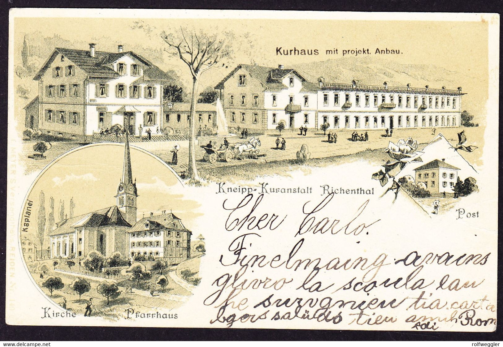 1902 Gelaufene Litho AK: Kurhaus Mit Anbau, Kneipp-Kuranstalt Richenthal Und Post. Leicht Knittrig - Richenthal