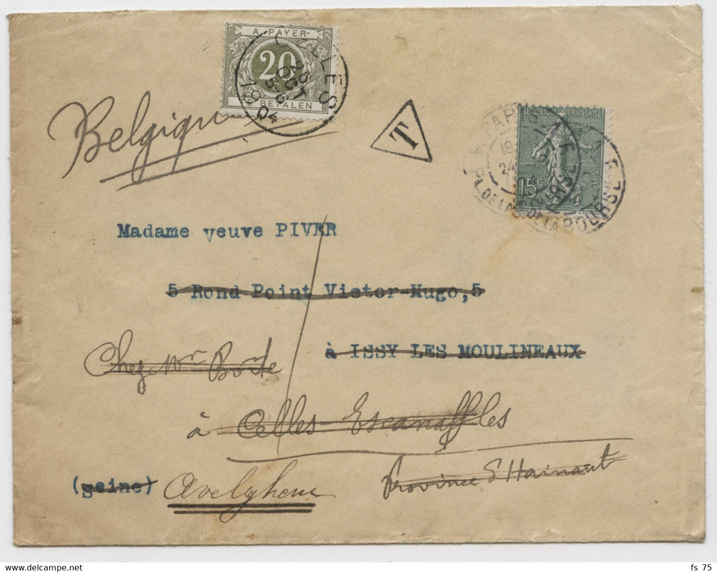 BELGIQUE - COB TAXE 56 SC CELLES SUR LETTRE DE PARIS REEXPEDIEE A AVELGHEM, 1904 - Lettres & Documents