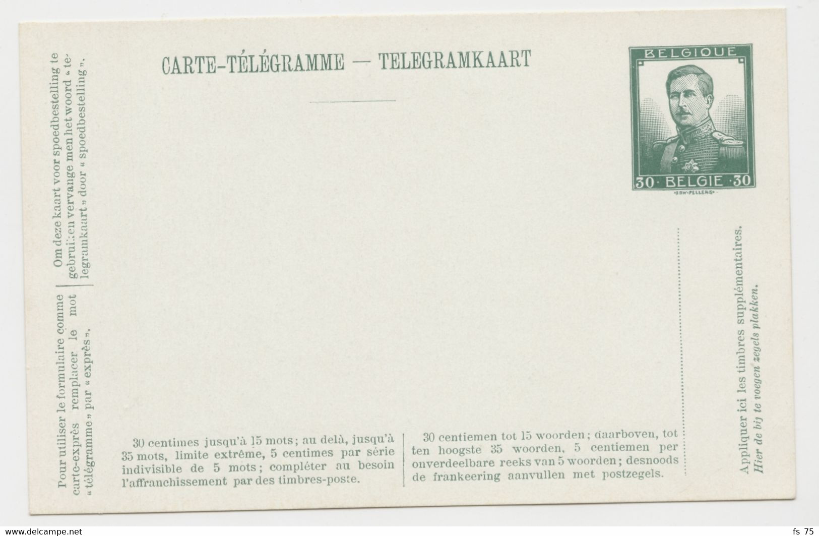 BELGIQUE - ENTIER NEUF 30C VERT PELLENS CARTE TELEGRAMME - Timbres Télégraphes [TG]