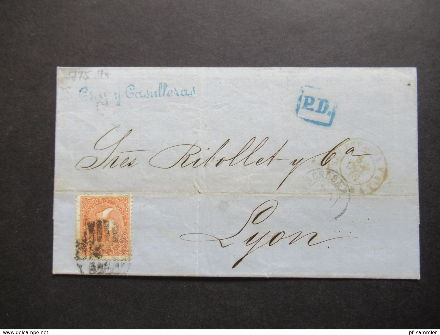 Spanien 1869 Michel Nr.90 EF Blauer Stempel PD Und K2 Espagne AMB Cette A Tar C Barcelona - Lyon - Covers & Documents