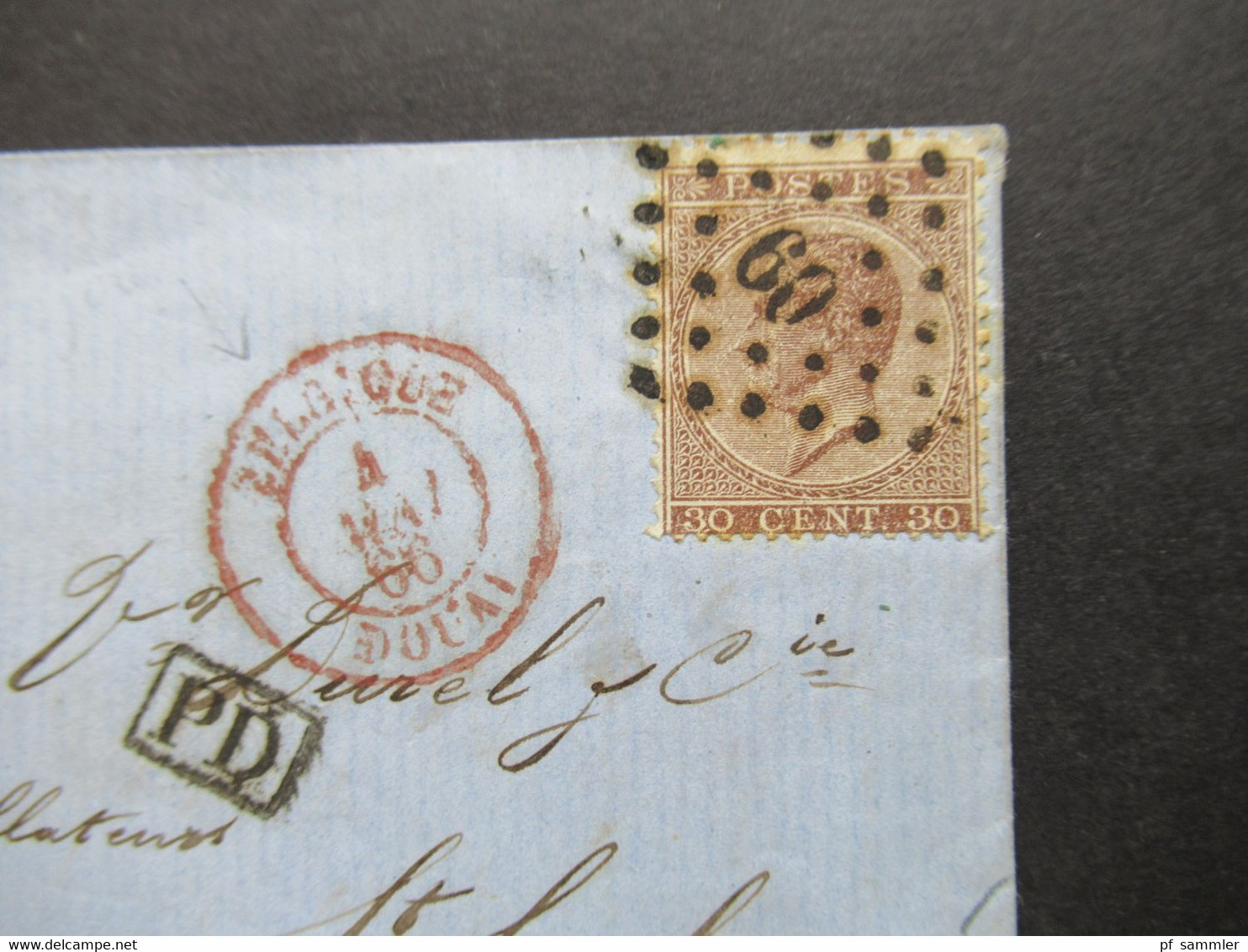 Belgien 1866 Nr.16 EF Nr. Stempel 60 U. K2 Bruxelles PD U. Roter K2 Belgique Douai Faltbrief Mit Inhalt Nach St. Saulve - 1865-1866 Perfil Izquierdo