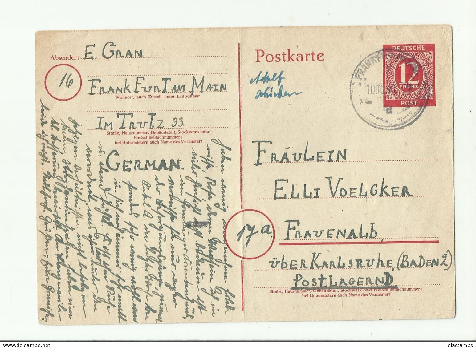 DP GS 1946 FRANKFURT - Entiers Postaux