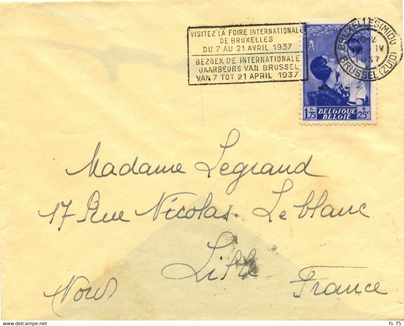 BELGIQUE - COB 453 1F75 BLEU REINE ASTRID SEUL SUR LETTRE POUR LA FRANCE, 1937 - Briefe U. Dokumente