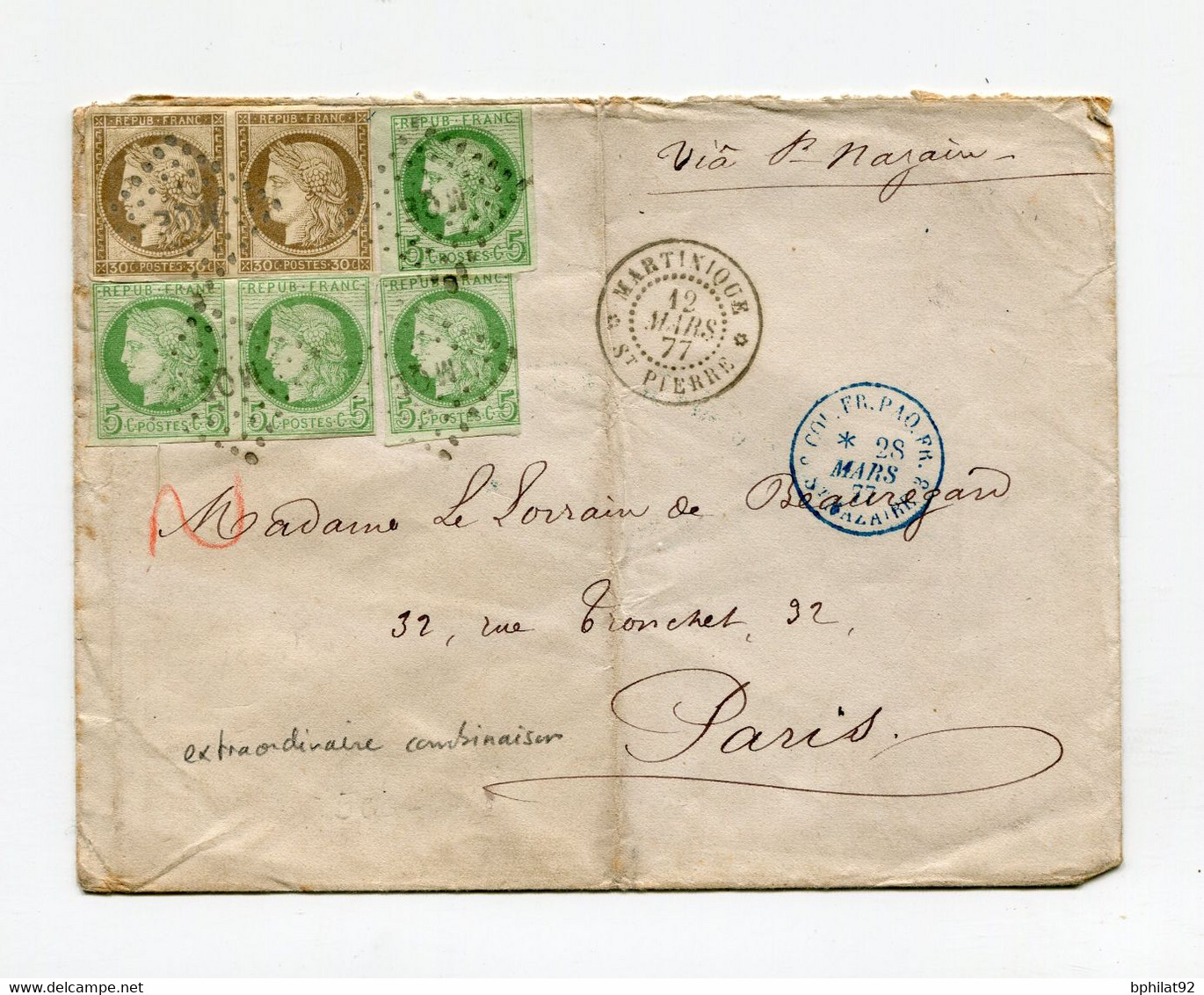 !!! LETTRE DE ST PIERRE - MARTINIQUE POUR PARIS DE 1877 PAR VOIE DE ST NAZAIRE. TARIF A 80 C, COMBINAISON RARE - Cérès