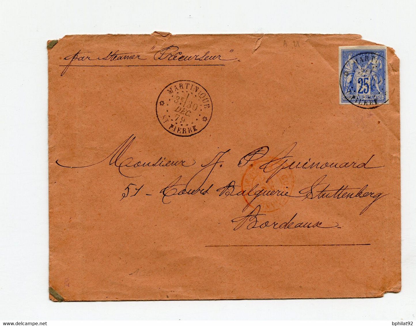 !!! LETTRE DE ST PIERRE - MARTINIQUE POUR BORDEAUX DE 1879 PAR VOIE ANGLAISE. TARIF A 25 C - Sage