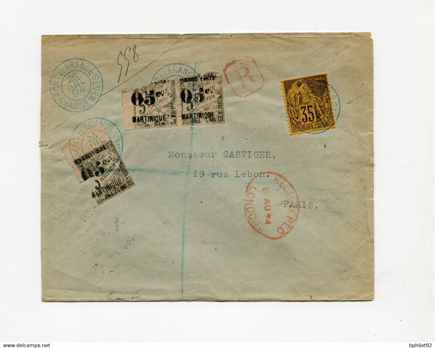 !!! LETTRE RECOMMANDEE DE FORT DE FRANCE - MARTINIQUE DE 1894 POUR PARIS, PAR VOIE ANGLAISE - Alphée Dubois