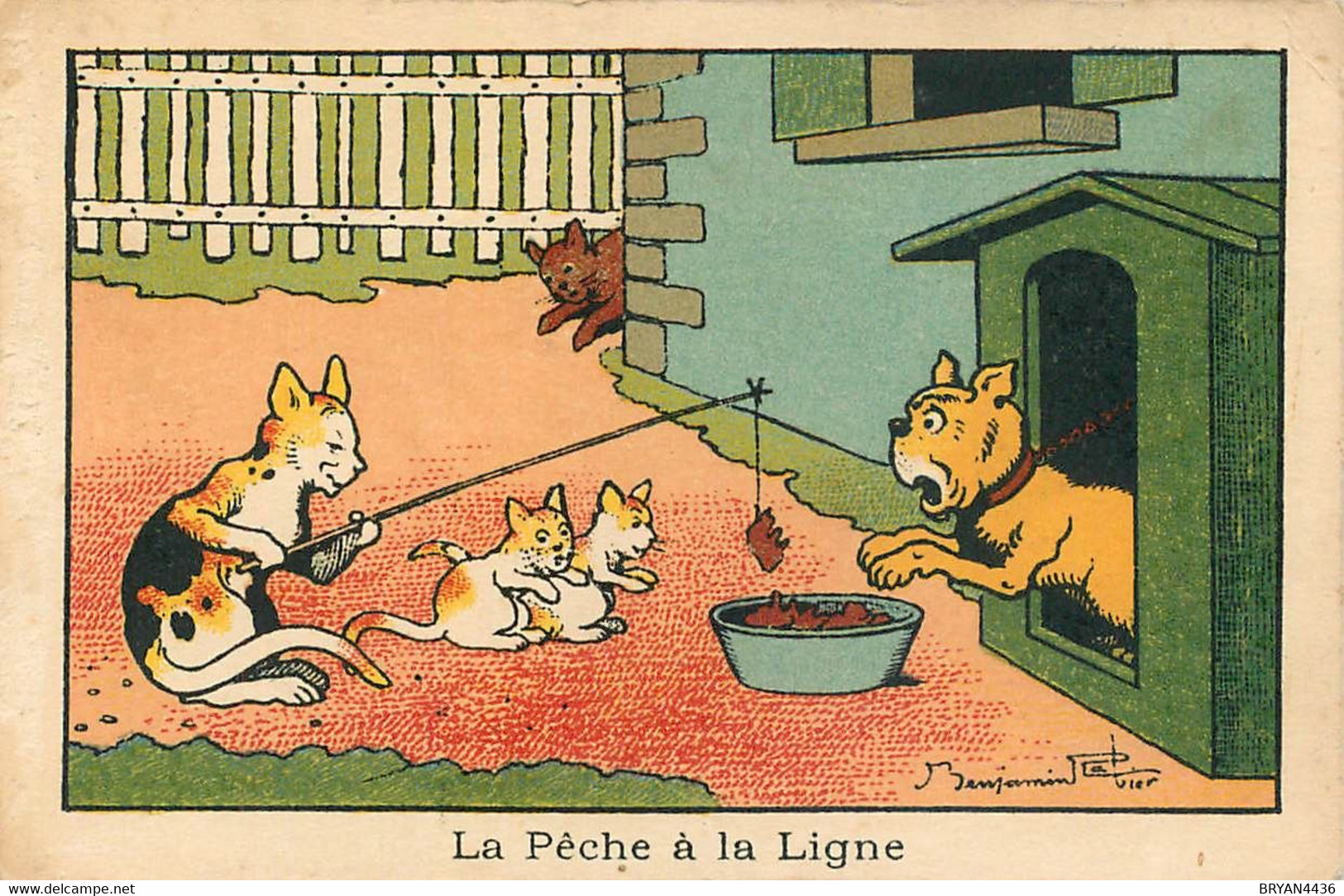 Benjamin RABIER - ILLUSTRATEUR -  LA PÊCHE à La LIGNE - CHATS & CHIEN -IMAGE CHROMO ANCIEN (7 X 10,5 Cm) - TRES BON ETAT - Rabier, B.