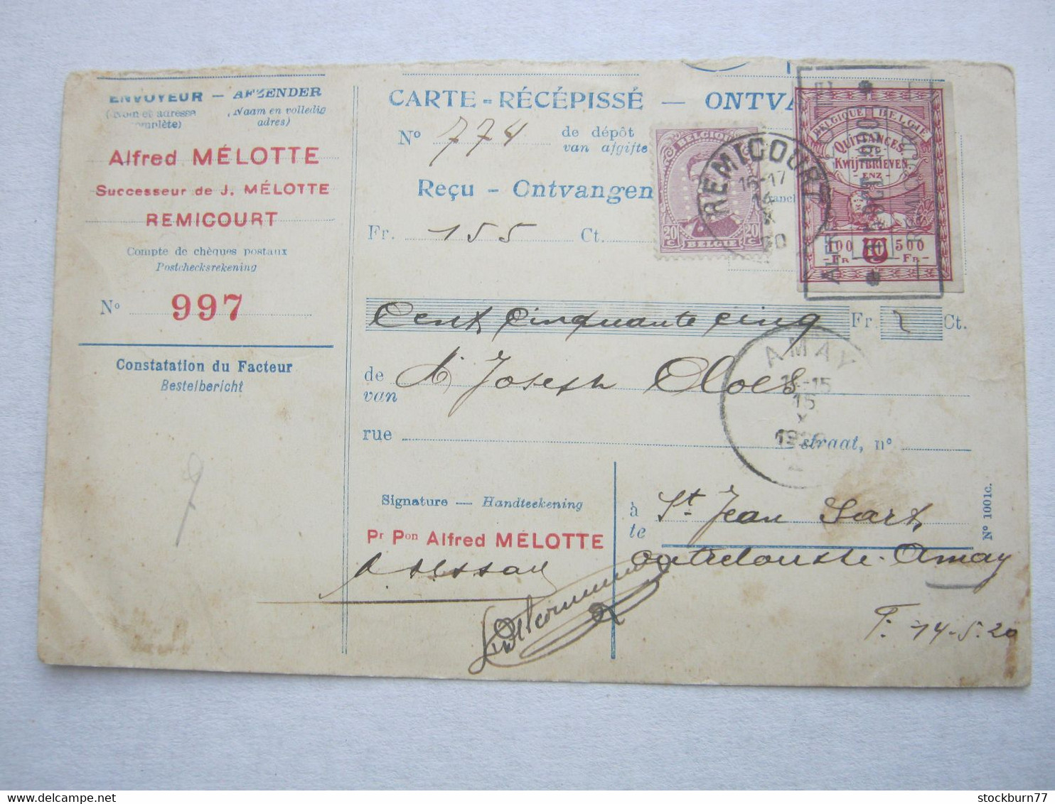 1920 , Remicourt   , Firmenlochung , Perfin   E.V.  , Carte Recepisse - 1909-34