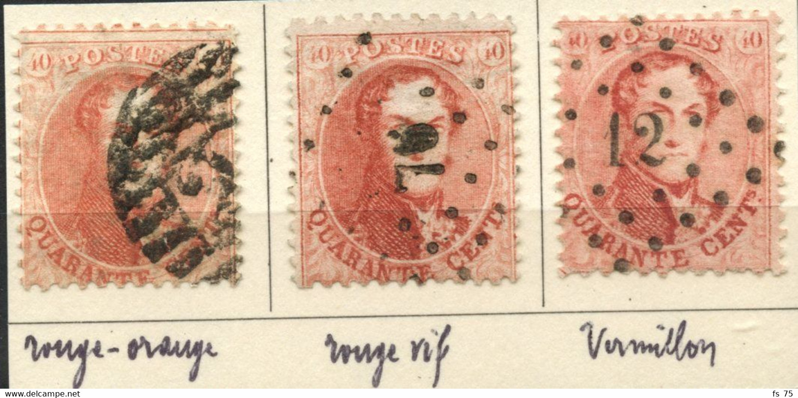 BELGIQUE - COB 16A - 40C MEDAILLON 12 1/2  X 13 1/2 OBLITERES - 12 TIMBRES NUANCES DIVERSES - Autres & Non Classés