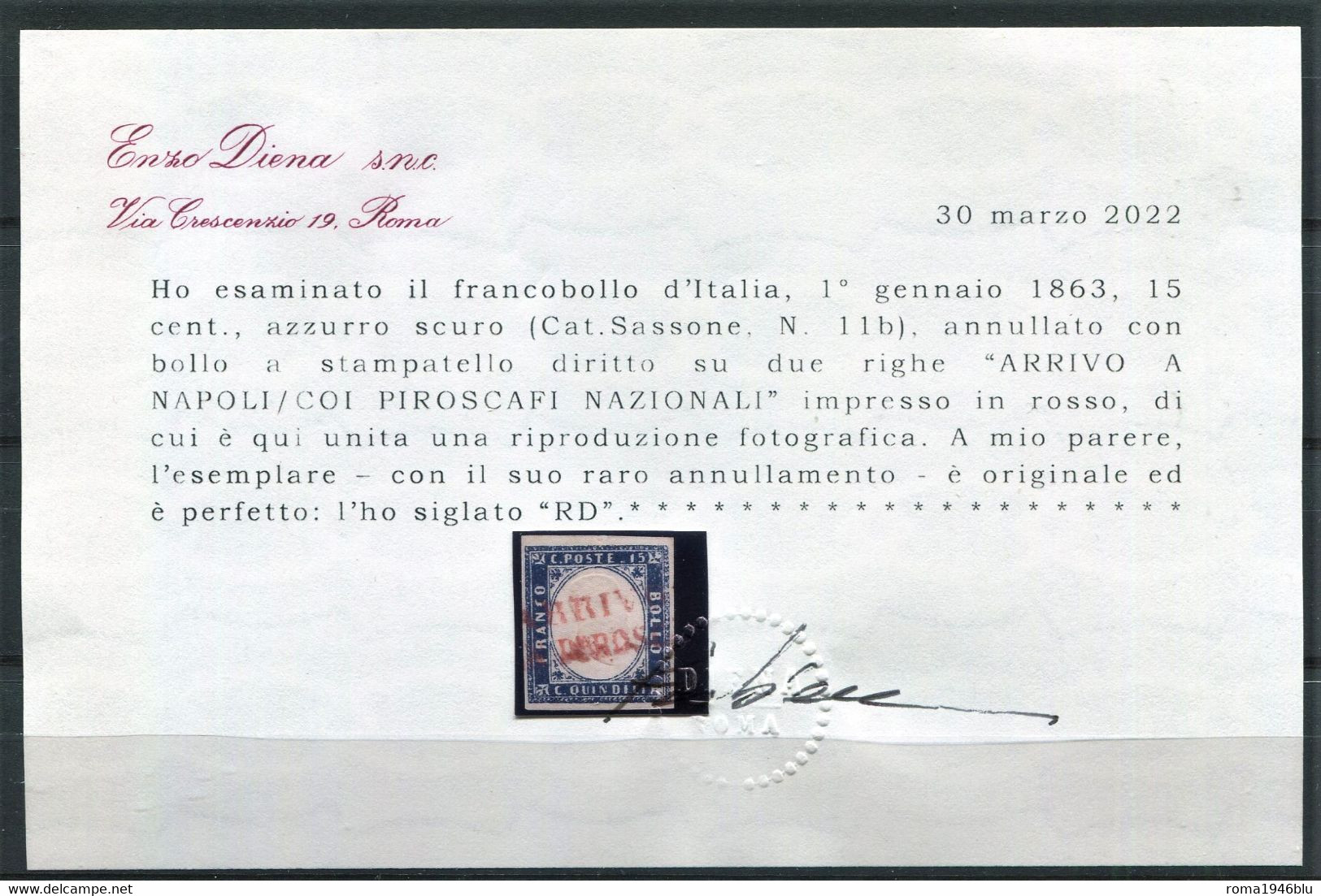 REGNO 1863 15 C.RARO ANNULLO DI NAVIGAZIONE NAPOLI PIROSCAFI NAZIONALI C. DIENA - Used