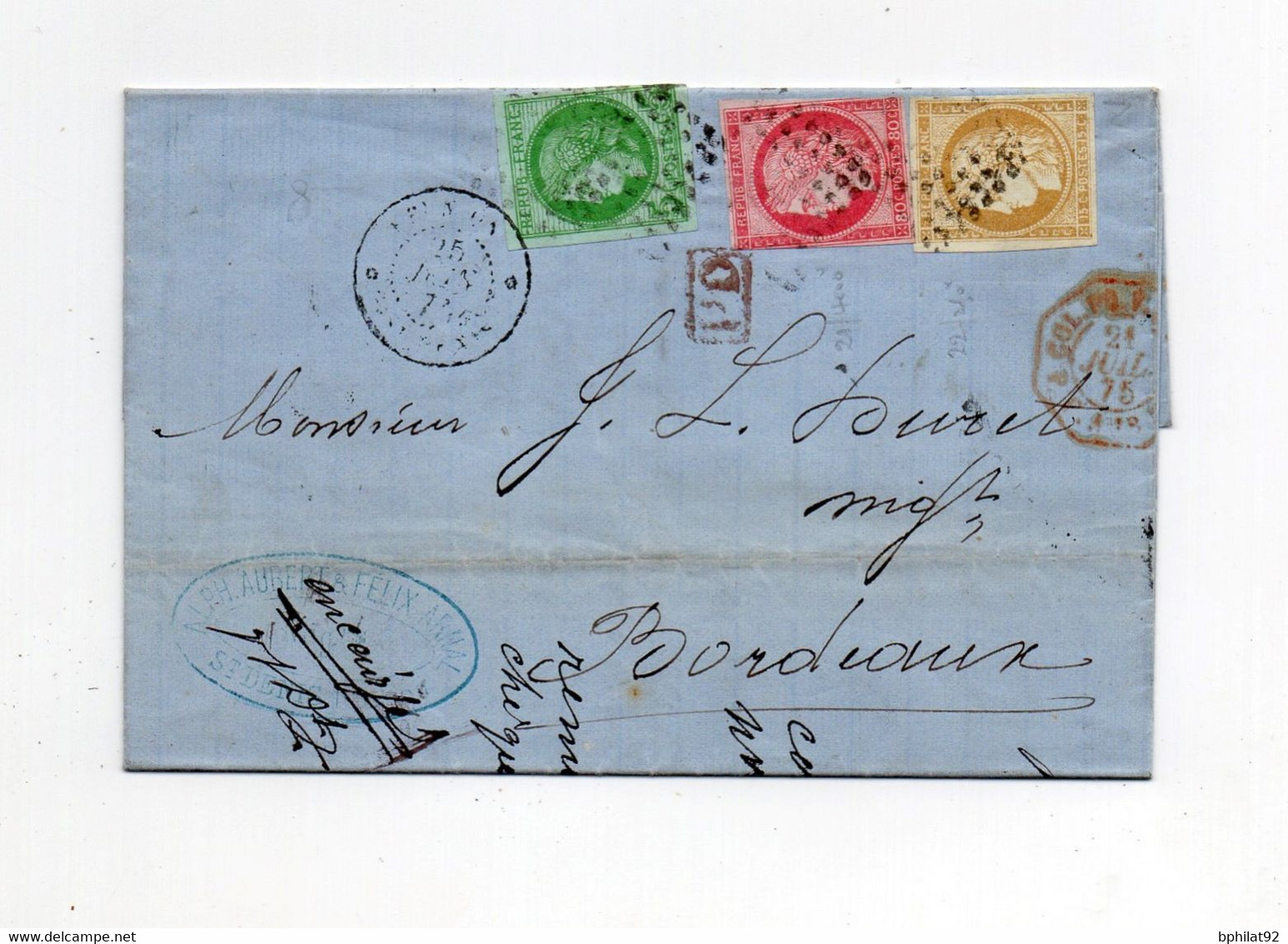 !!! REUNION, AFFRANCH TRICOLORE CERES SUR LETTRE DE ST DENIS DE 1875 POUR BORDEAUX. SUPERBE - Cérès