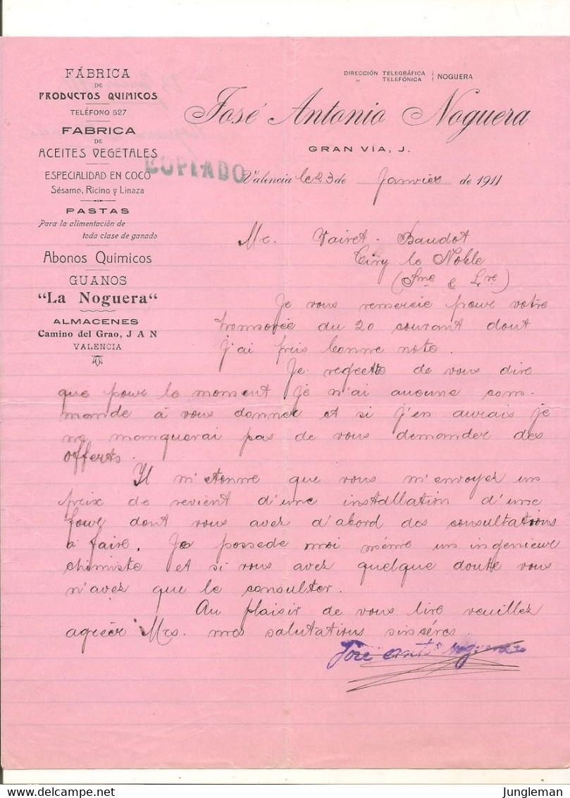 Vieux Papier - Espagne - Valencia - Fábrica De Productos Químicos - Acietes Vegetales - José Antonio Noguera - Janv 1911 - Espagne