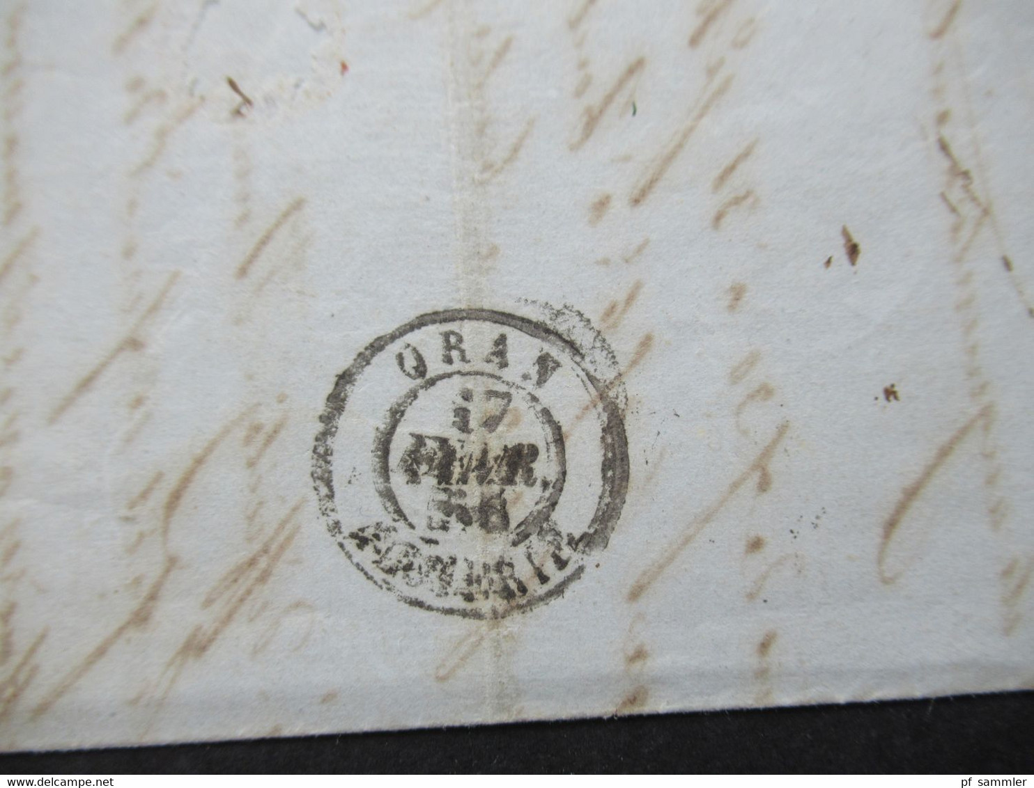 Italien 11.2.1856 Genova - Marseille pour Oran (Algerien) blauer 6eck Stempel Sard S.E. Marseille Schiffspost