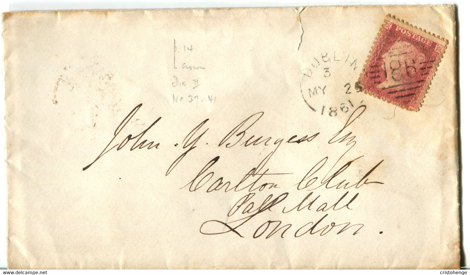 Ireland 1861 Dublin '186' Solicitor Cover To London - 1d Red Star - Prephilately