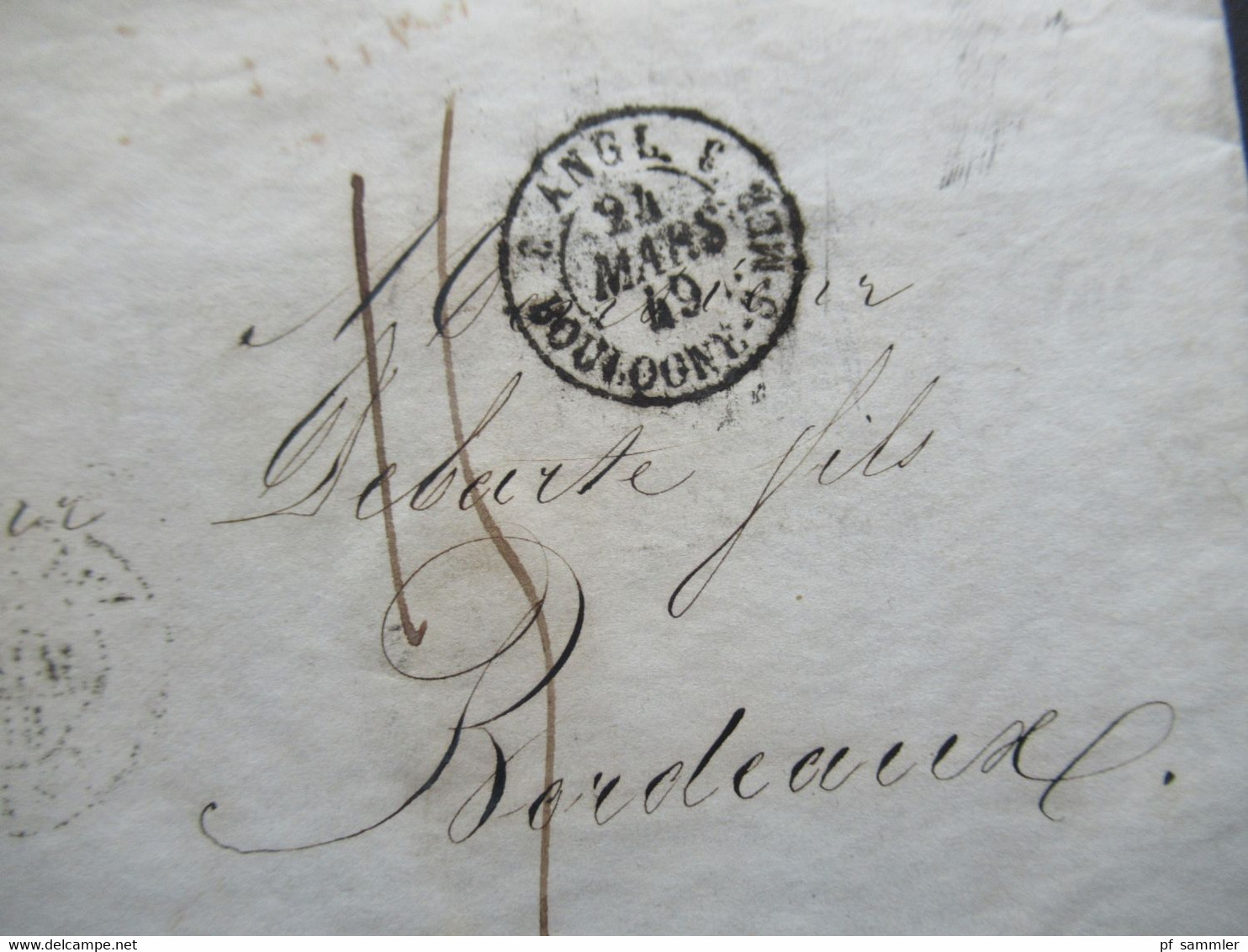 GB London 1849 Stempel Angl. Boulogne S-Mer Und Roter Stempel Malteser Kreuz LS 23 Mrz 23 1849 Nach Bordeaux - Lettres & Documents