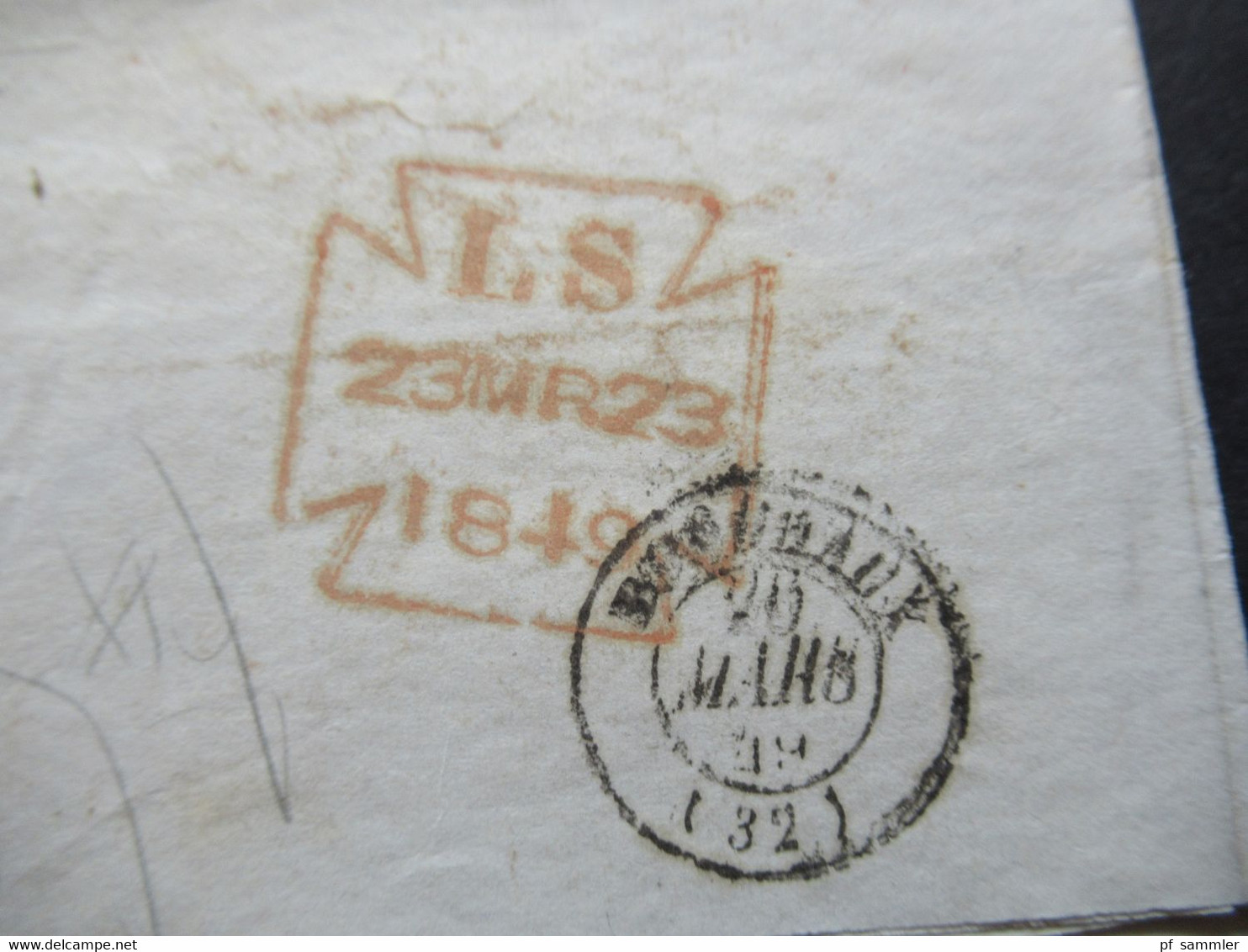 GB London 1849 Stempel Angl. Boulogne S-Mer Und Roter Stempel Malteser Kreuz LS 23 Mrz 23 1849 Nach Bordeaux - Covers & Documents