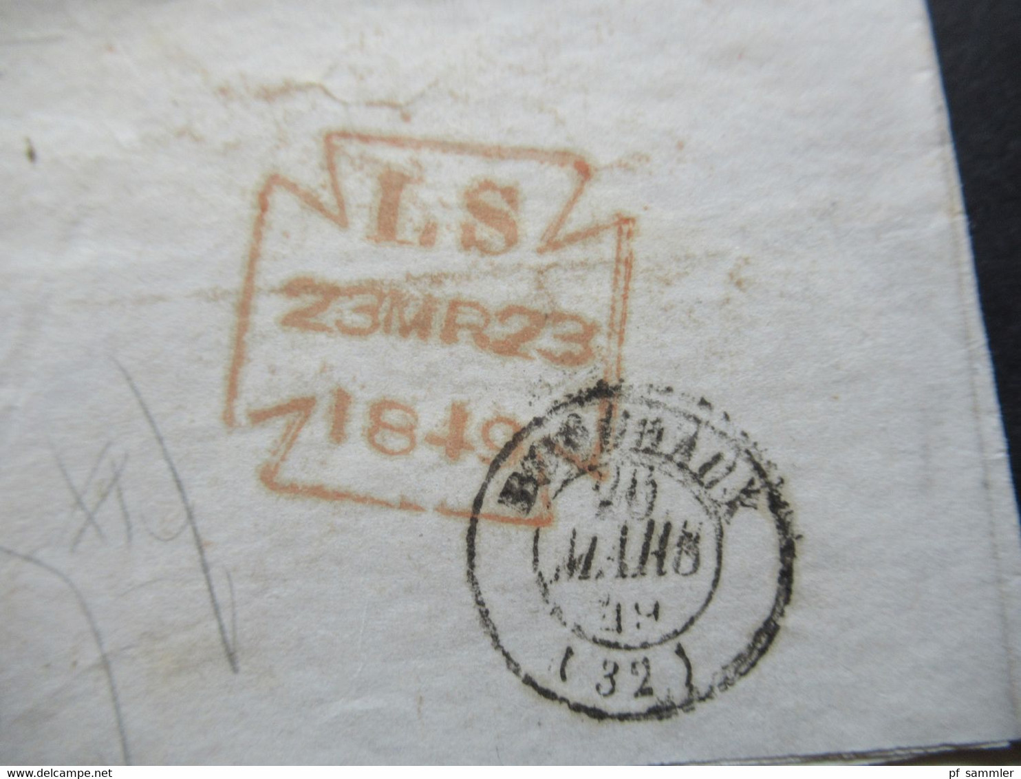 GB London 1849 Stempel Angl. Boulogne S-Mer Und Roter Stempel Malteser Kreuz LS 23 Mrz 23 1849 Nach Bordeaux - Cartas & Documentos