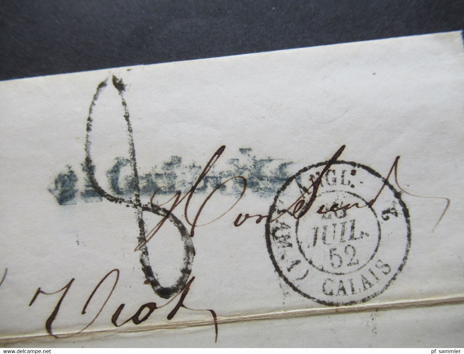 GB London 1852 Stempel B S Mit Krone Und Blauer L1 Oxford / Angl AM 1 Calais 2 über Paris Nach Nantes - Lettres & Documents