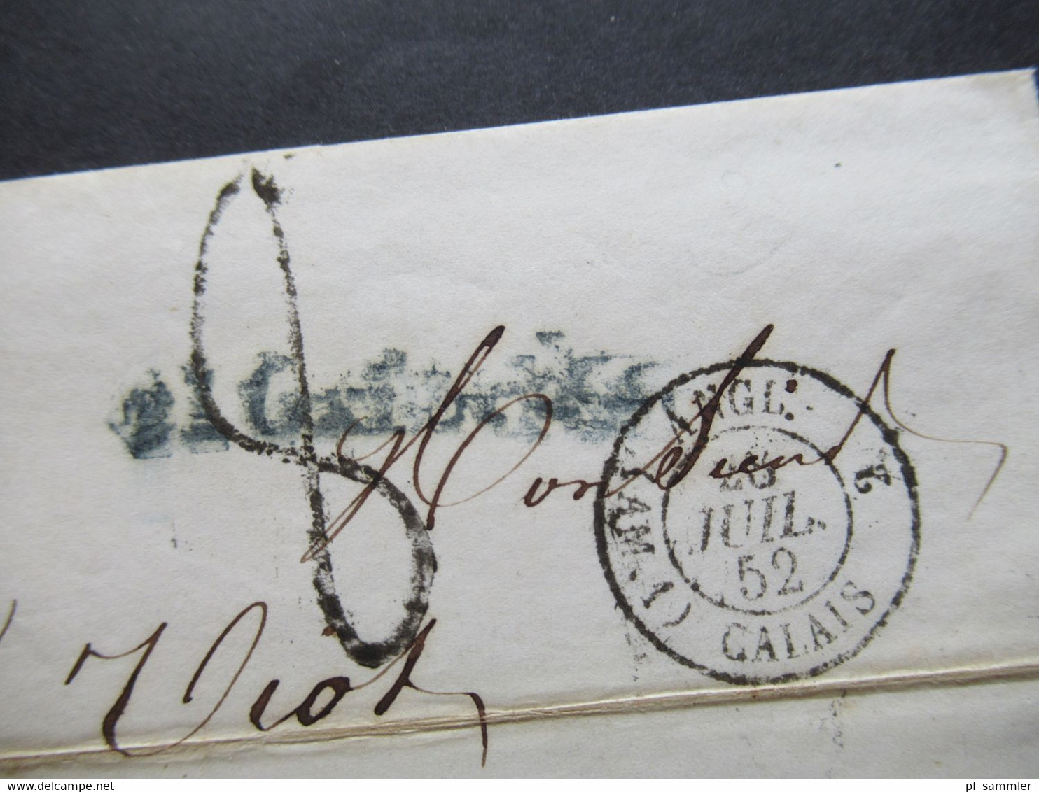 GB London 1852 Stempel B S Mit Krone Und Blauer L1 Oxford / Angl AM 1 Calais 2 über Paris Nach Nantes - Brieven En Documenten