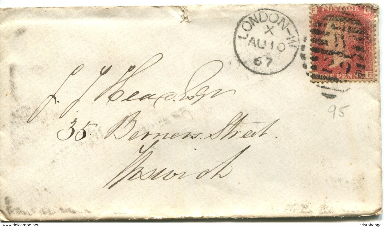 Great Britain - England 1867 Cover London To Ipswich - 1d Red - Plate 95 - Briefe U. Dokumente