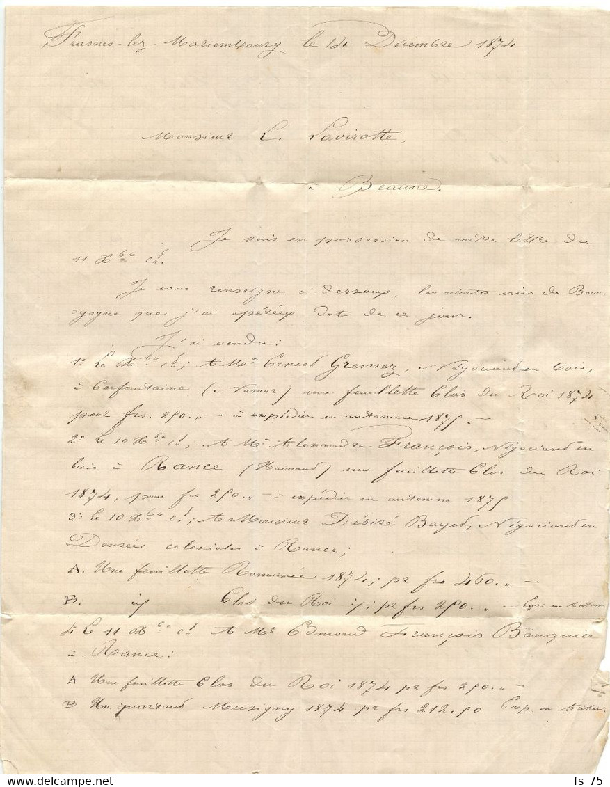 BELGIQUE N°30 (YVERT) X3 CAD MARIEMBOURG + BOITE AU SUR LETTRE AVEC CORRESPONDANCE DE FRASNES POUR LA FRANCE, 1874 - Poste Rurale