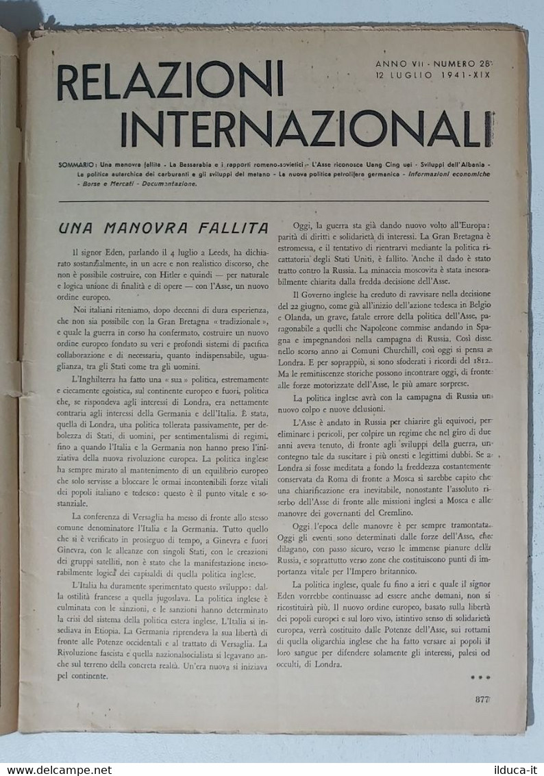 31230 Relazioni Internazionali A. VII Nr 28 1941 - Discorso Del Duce - Maatschappij, Politiek, Economie