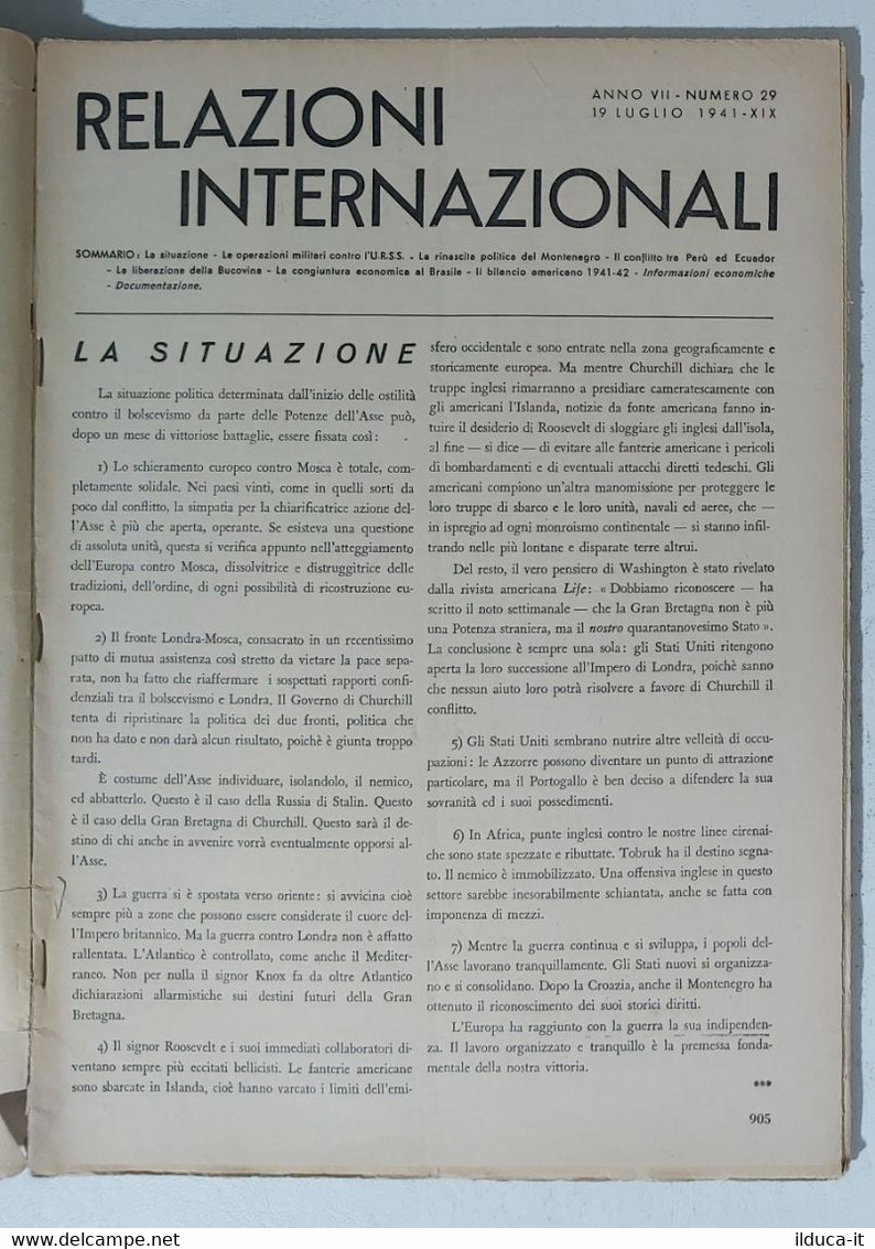 31231 Relazioni Internazionali A.VII Nr 29 1941 Conflitto In Jugoslavia E Grecia - Société, Politique, économie