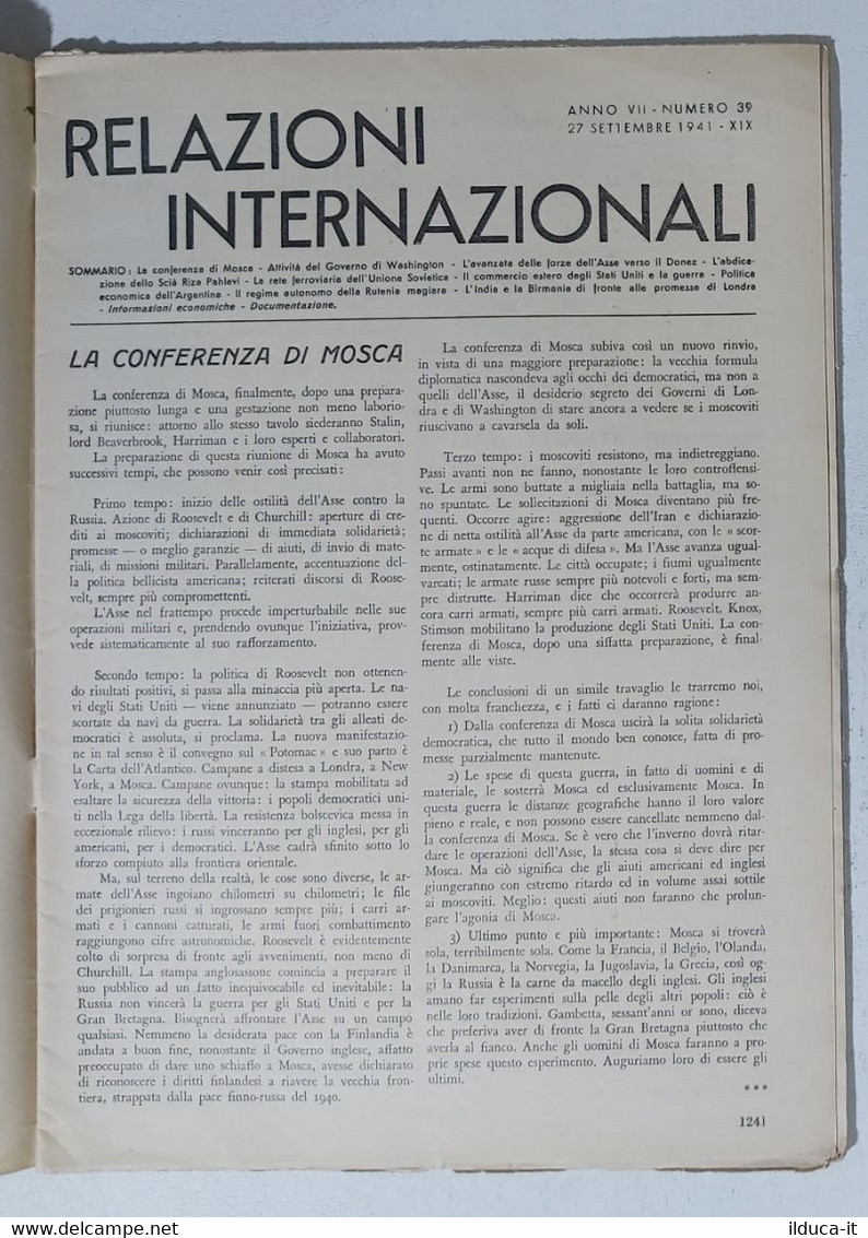 31236 Relazioni Internazionali A. VII Nr 39 1941 - La Conferenza Di Mosca - Maatschappij, Politiek, Economie