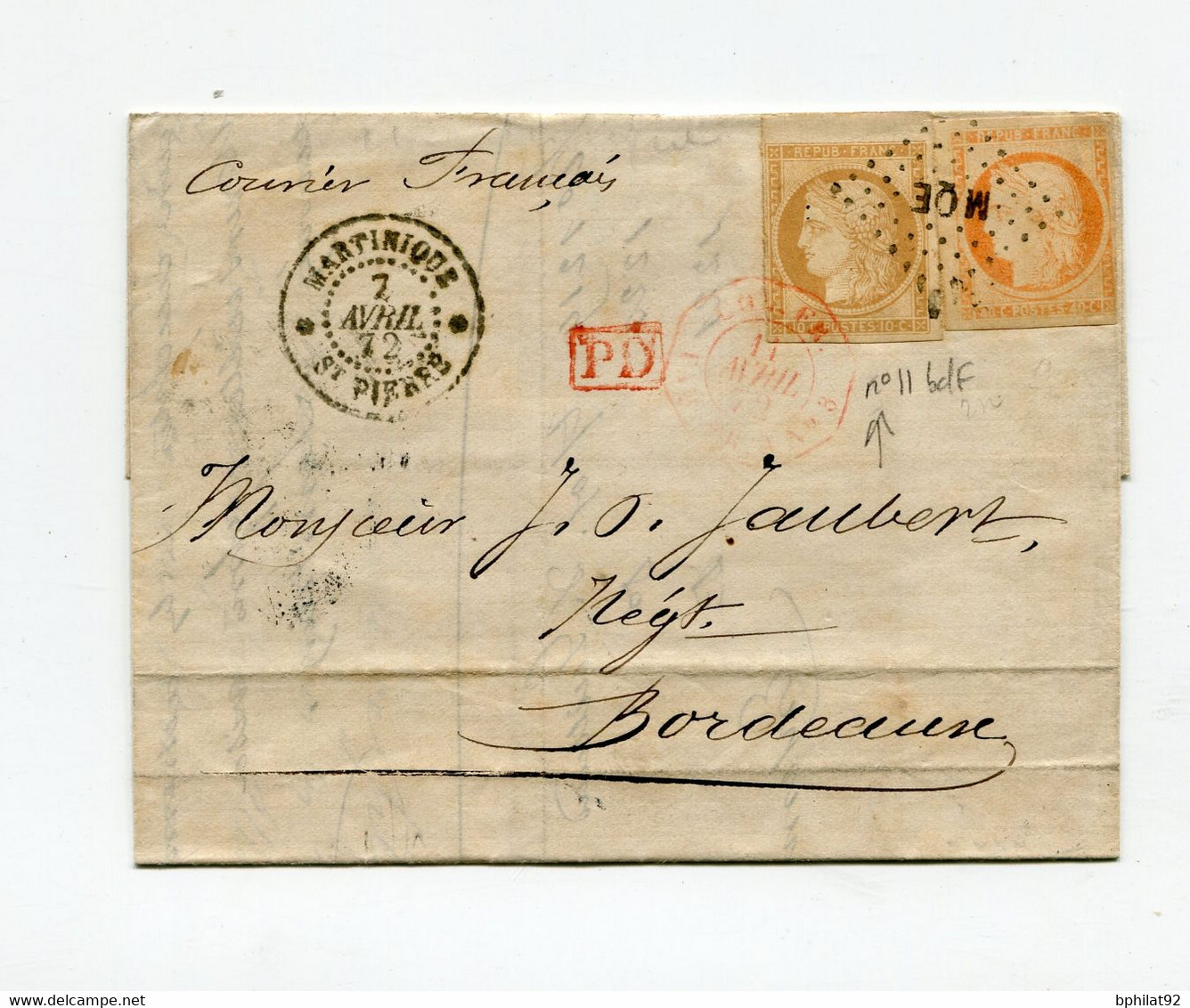 !!! LETTRE DE ST PIERRE DE LA MARTINIQUE DE 1872 AFFRANCH CERES (DONT N°11 BDF) PAR VOIE FRANCAISE - Ceres