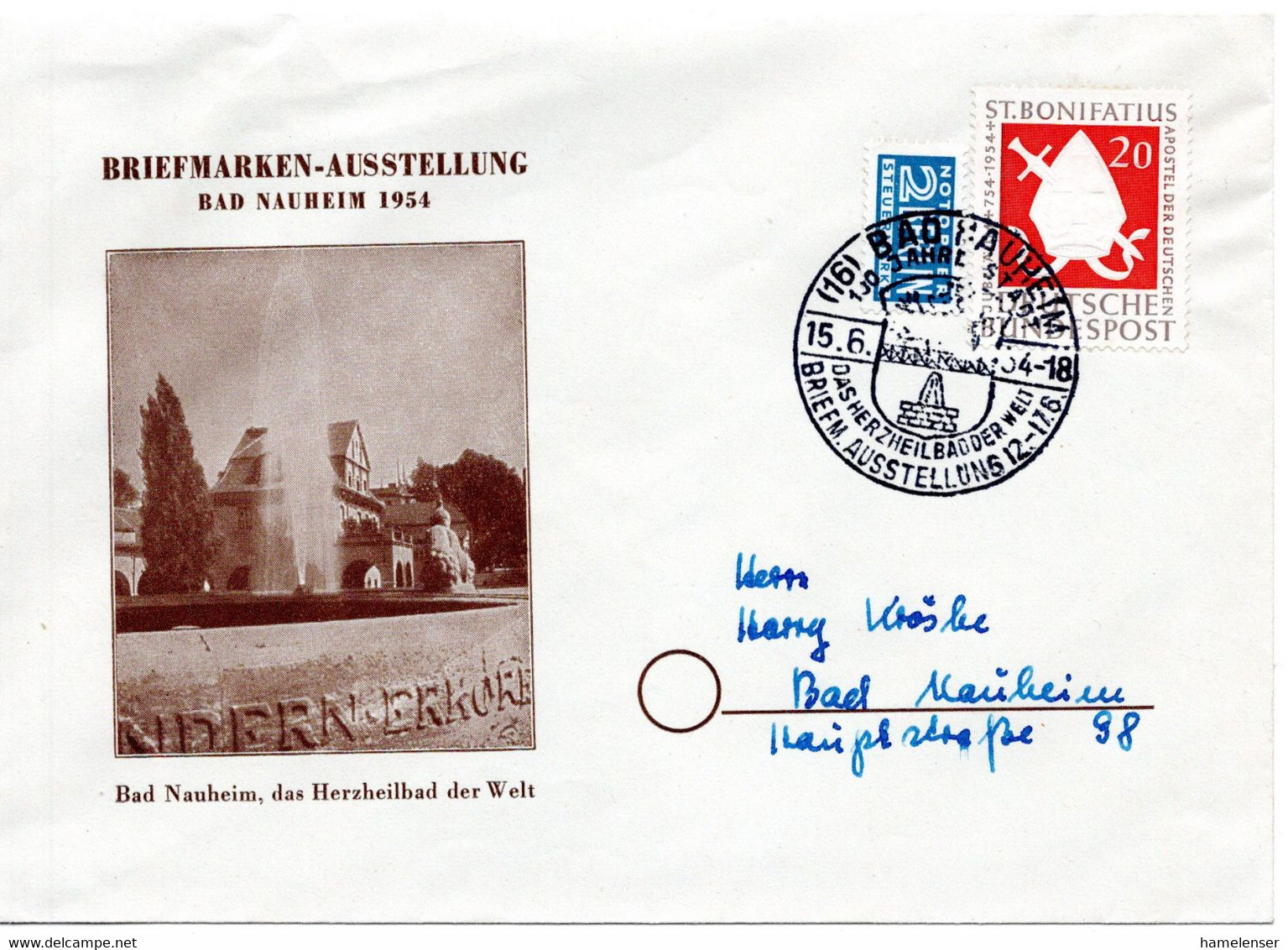 57715 - Bund - 1954 - 20Pfg. St.Bonifatius EF A. Bf M SoStpl BAD NAUHEIM - ... BRIEFM.AUSSTELLUNG ... -> Bad Nauheim - Brieven En Documenten