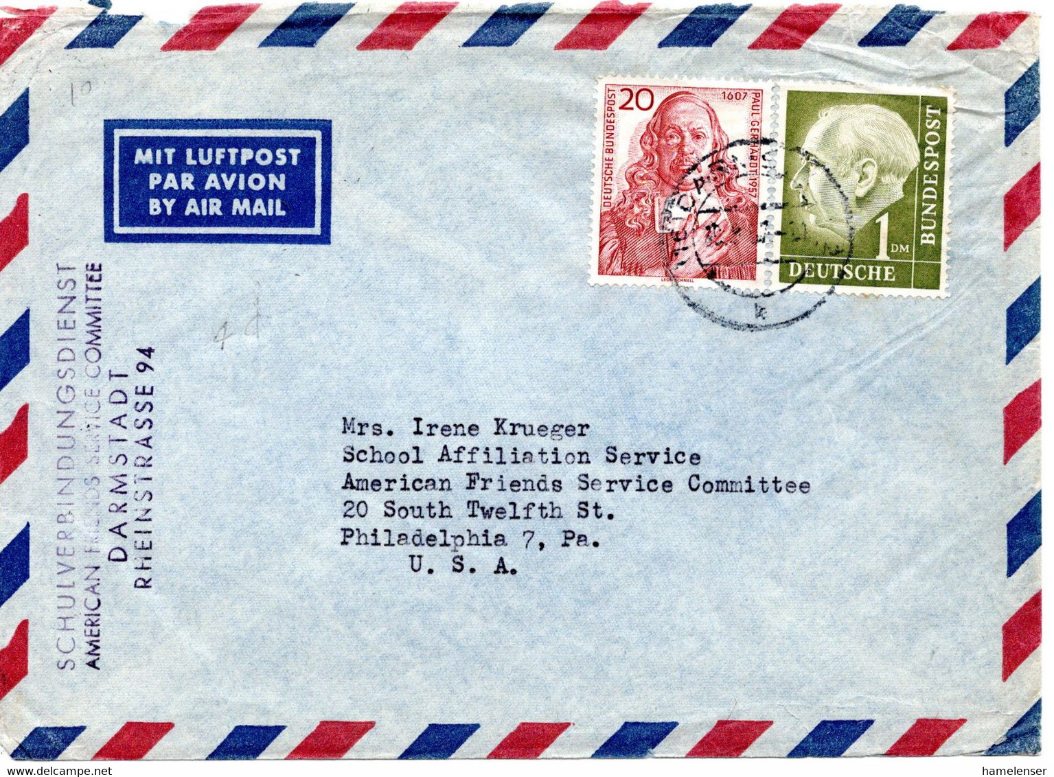 57731 - Bund - 1957 - 1DM Heuss I MiF A LpBf DARMSTADT -> Philadelphia, PA (USA) - Covers & Documents