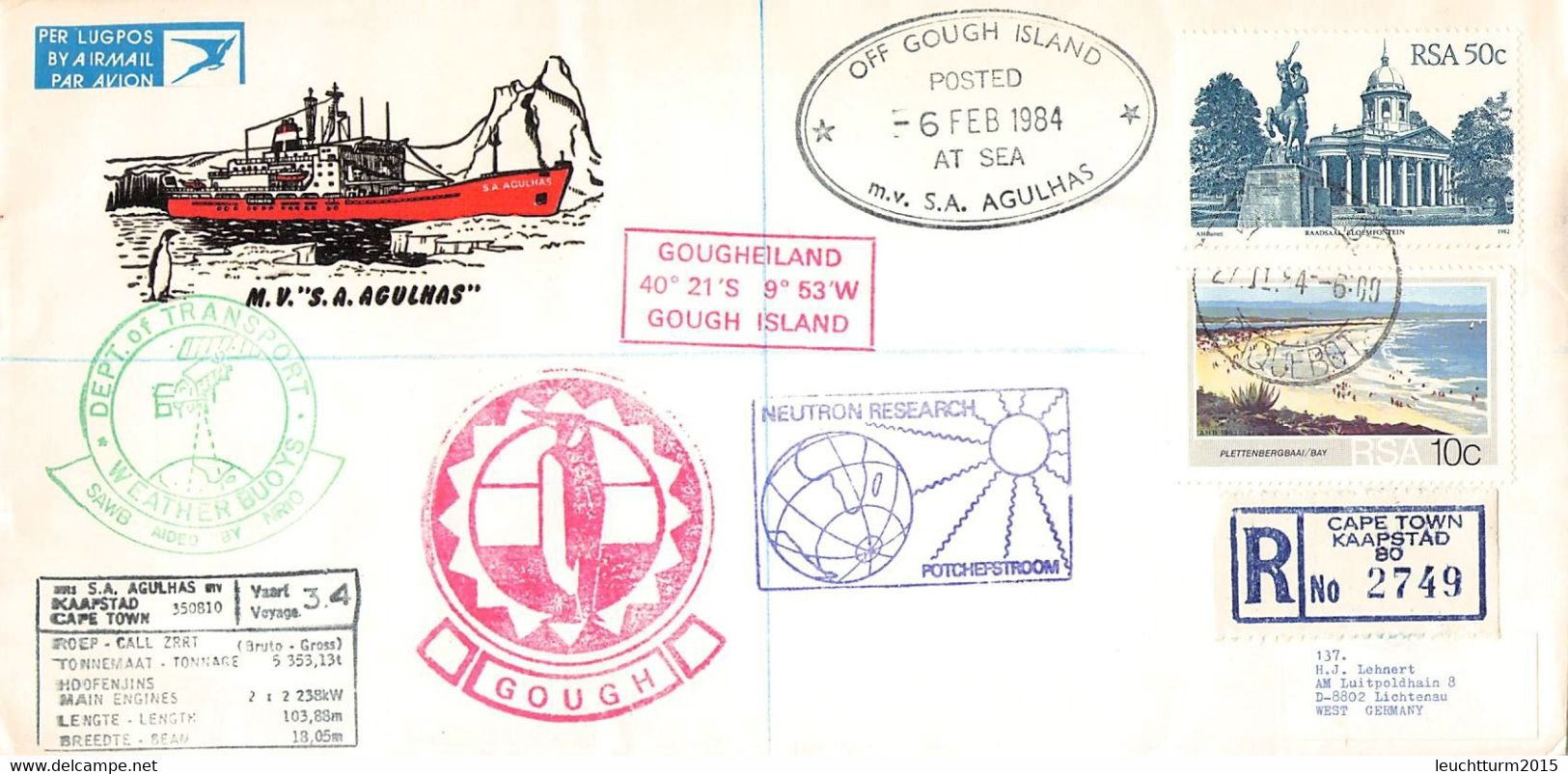 SOUTH AFRICA - POSTED AT SEA OFF GOUGH ISLAND 1984 / GR241 - Briefe U. Dokumente