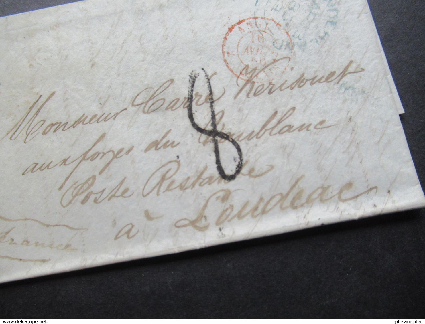 GB / England Transit 1850 Stempel Sunderland Und Roter K2 Angl. Calais Nach Loudeac Poste Restante / Bartaxe 8 - Brieven En Documenten