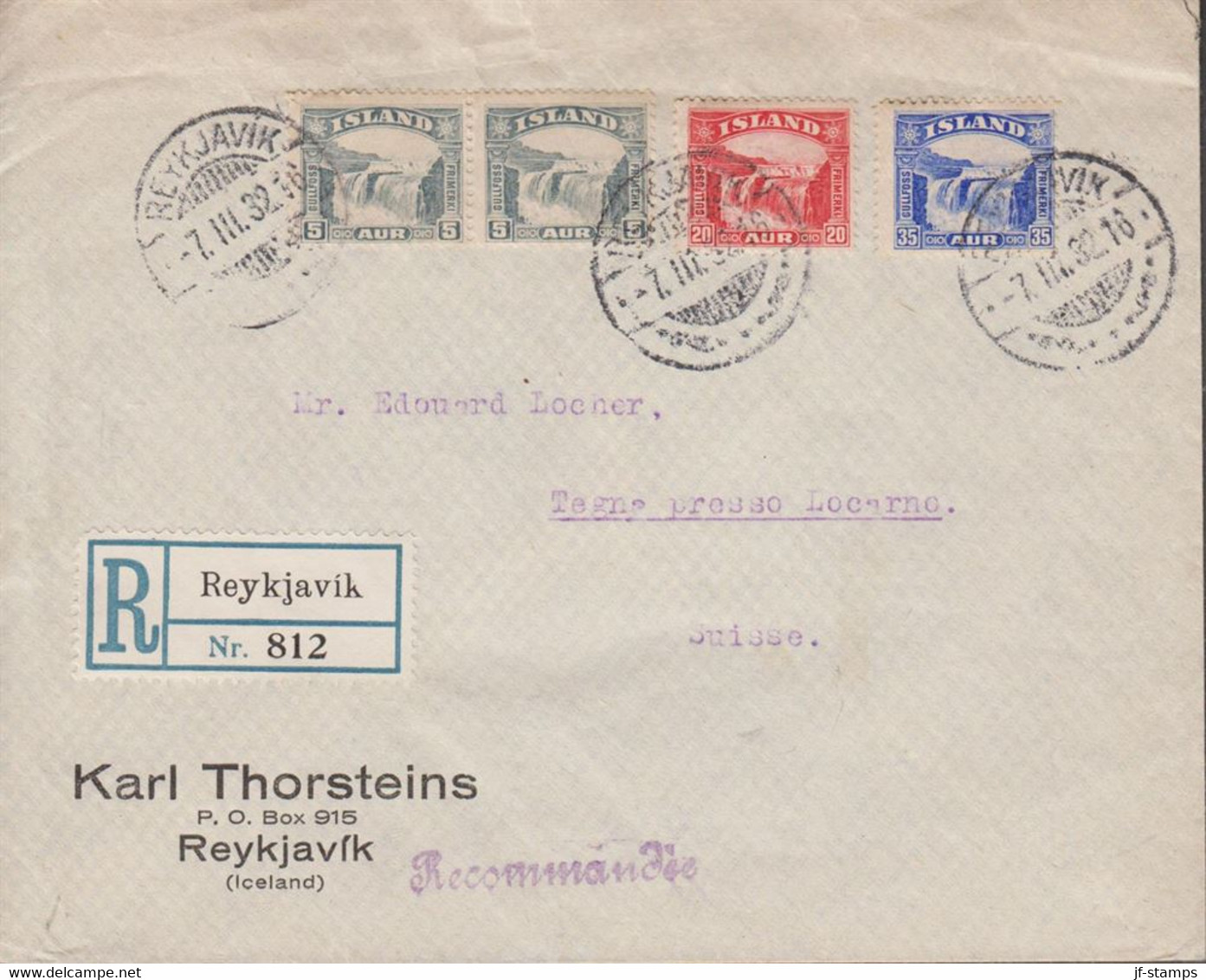 1932. ISLAND. Pair 5 Aur + 20 + 35 Aur GULLFOSS On Registered Cover From REYKJAVIK 7.III.32 To Locarno, Su... - JF518582 - Storia Postale