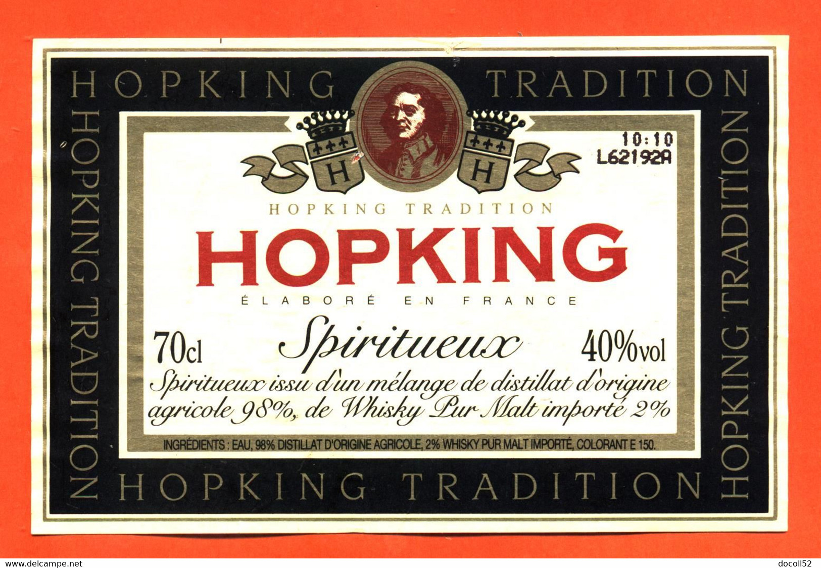 Etiquette De Spiritueux Hopking Tradition Distillat Agricole 98°/° Et De Whisky Pur Malt 2 °/° - 70 Cl - Whisky