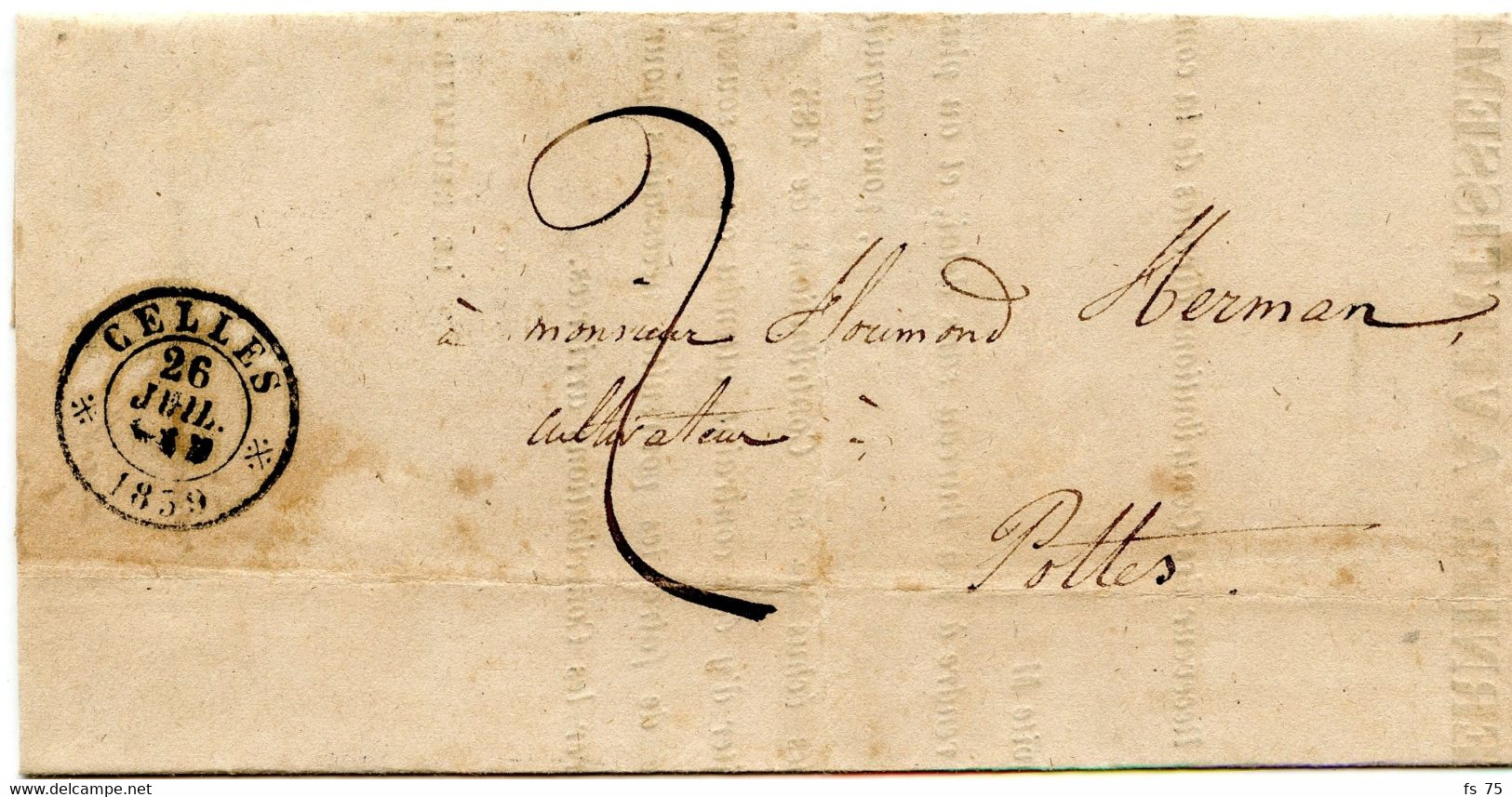 BELGIQUE - TAD DOUBLE CERCLE CELLES SUR LETTRE TAXEE, 1859 - Brieven En Documenten