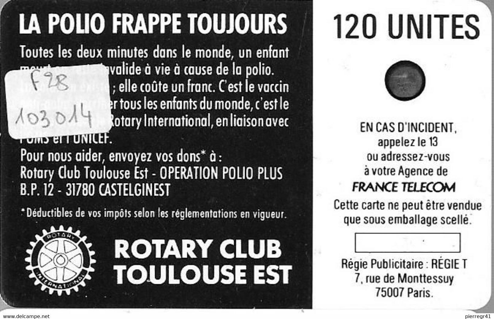 CARTE-PUBLIC-1988-F 28--SC3-120U-POLIO +-UTILISEE-V°N°Pe 103014-Utilisé-TB E-LUXE - 1988