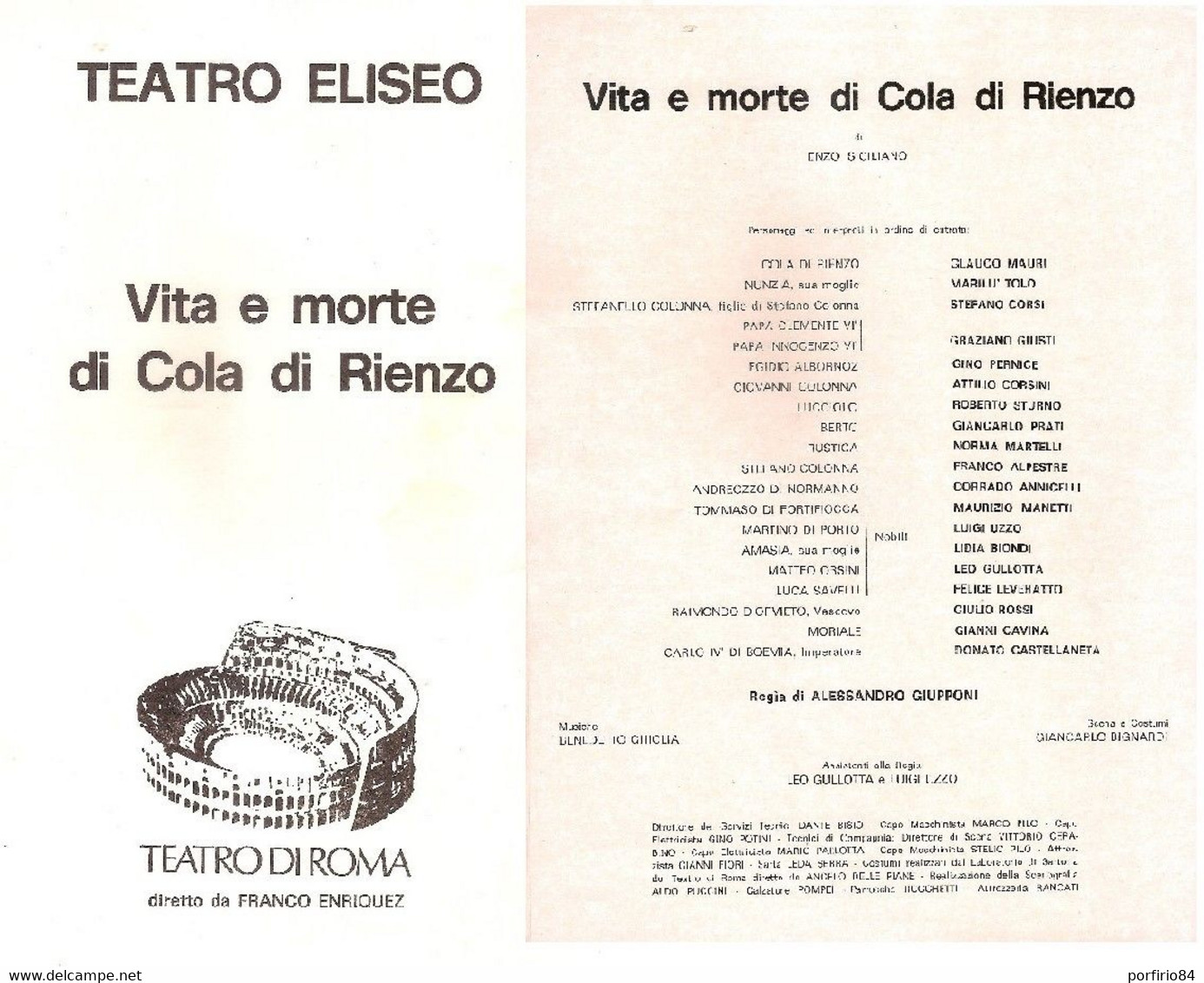 TEATRO ELISEO ROMA RARO LIBRETTO TEATRALE VITA E MORTE DI COLA DI RIENZO - 1973 G. CAVINA - L. GULLOTTA - Théâtre & Déguisements