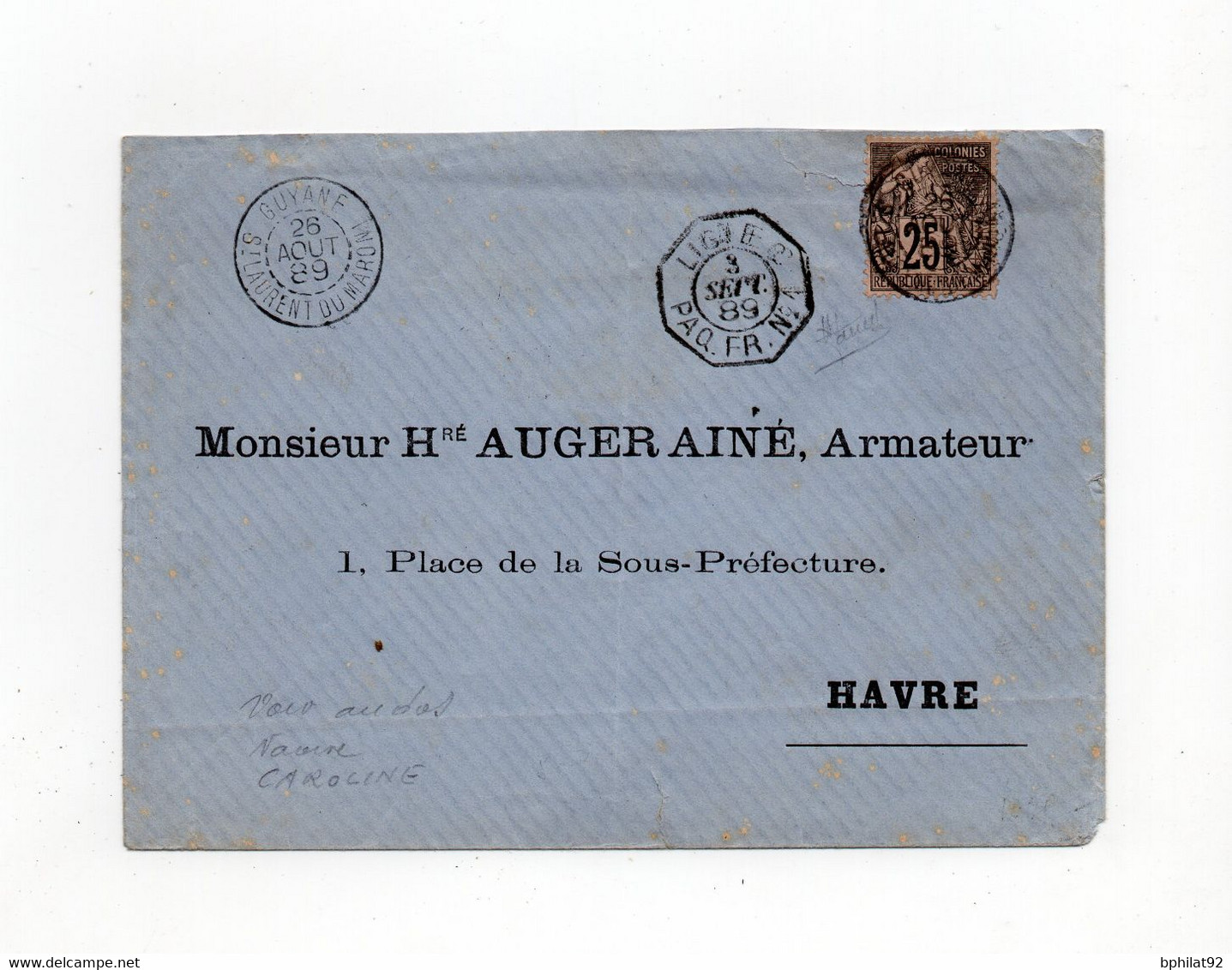 !!! GUYANE, LETTRE DE ST LAURENT DU MARONI DE 1889 CACHET MARITIME LIGNE E PAQ FR N°4 - Lettres & Documents