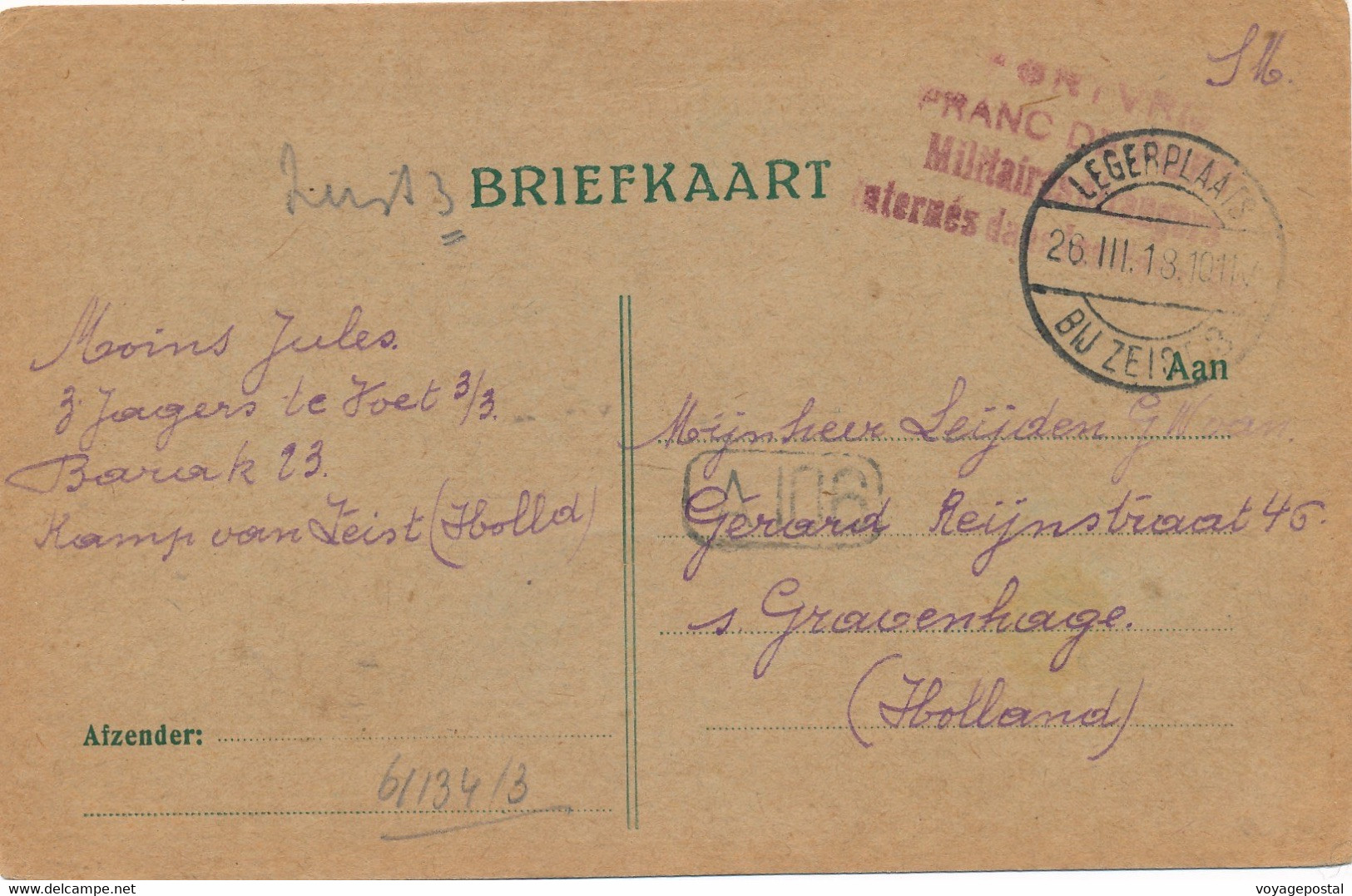 CARTE MILITAIRES ETRANGERS INTERNES CAMP ZEIST GRAVENHAGE CENSURE A106 1918 WWI - Belgische Armee