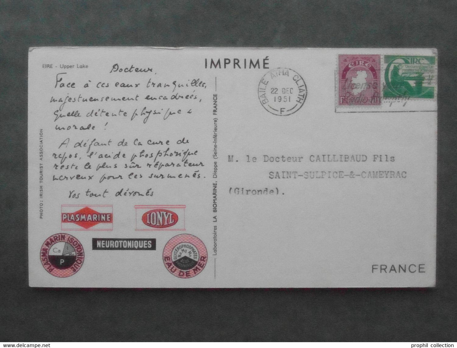 CARTE PUBLICITAIRE EIRE LABORATOIRE PHARMACEUTIQUE PLASMARINE IONYL CACHET Et AFFRANCHISSEMENT 1951 - Briefe U. Dokumente