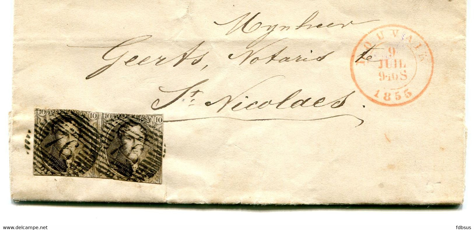 1855 Kleine Brief Van Leuven Naar Notaris Geerts St Nicolas -  Medaillon 2 X 10c In Paar - Lijnstempel 75 - 1849-1865 Médaillons (Autres)