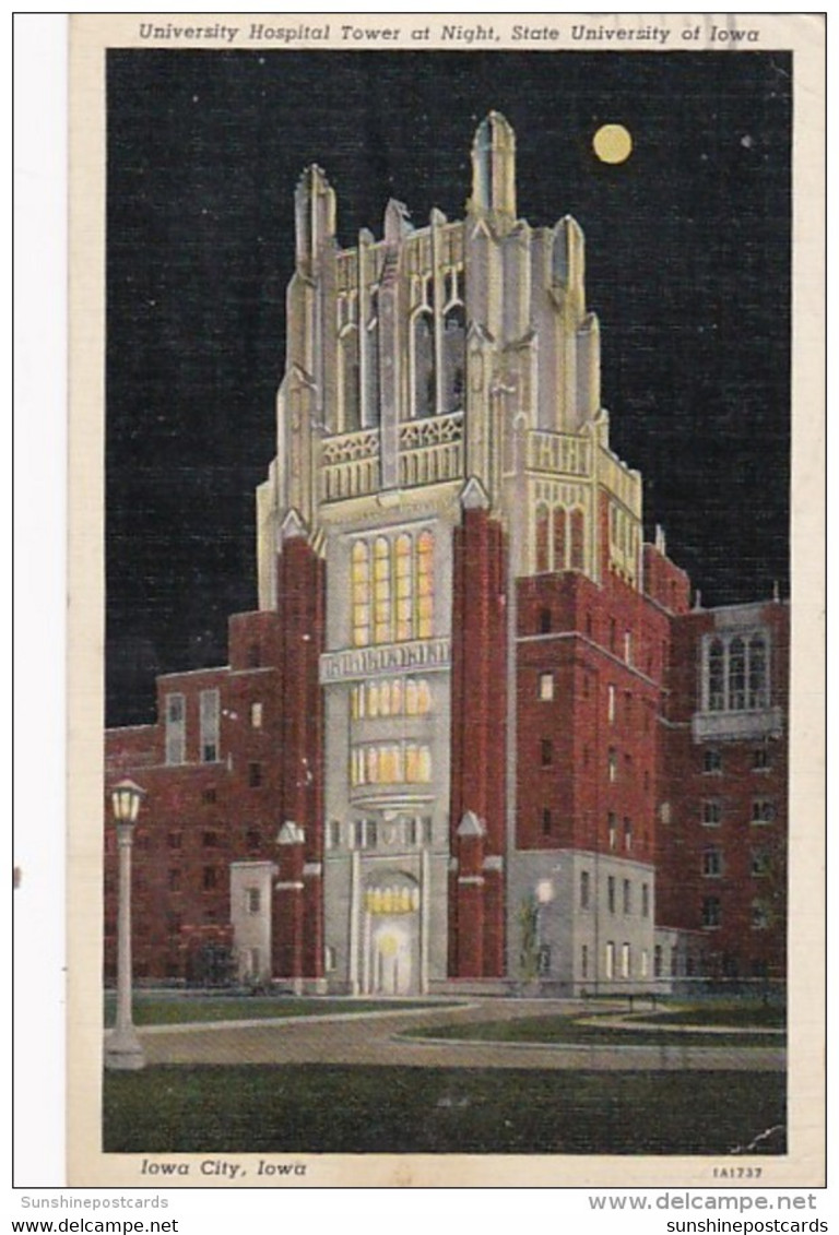 Iowa Iowa City University Hospital Tower At Night University Of Iowa Curteich - Iowa City