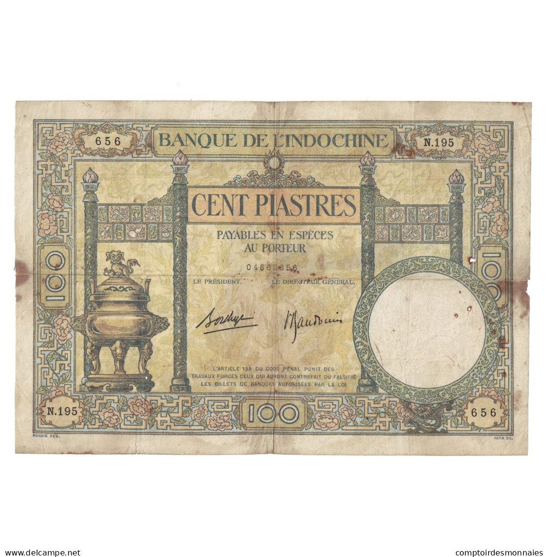 Billet, Indochine Française, 100 Piastres, Undated (1925-39), KM:51d, TB - Indochine