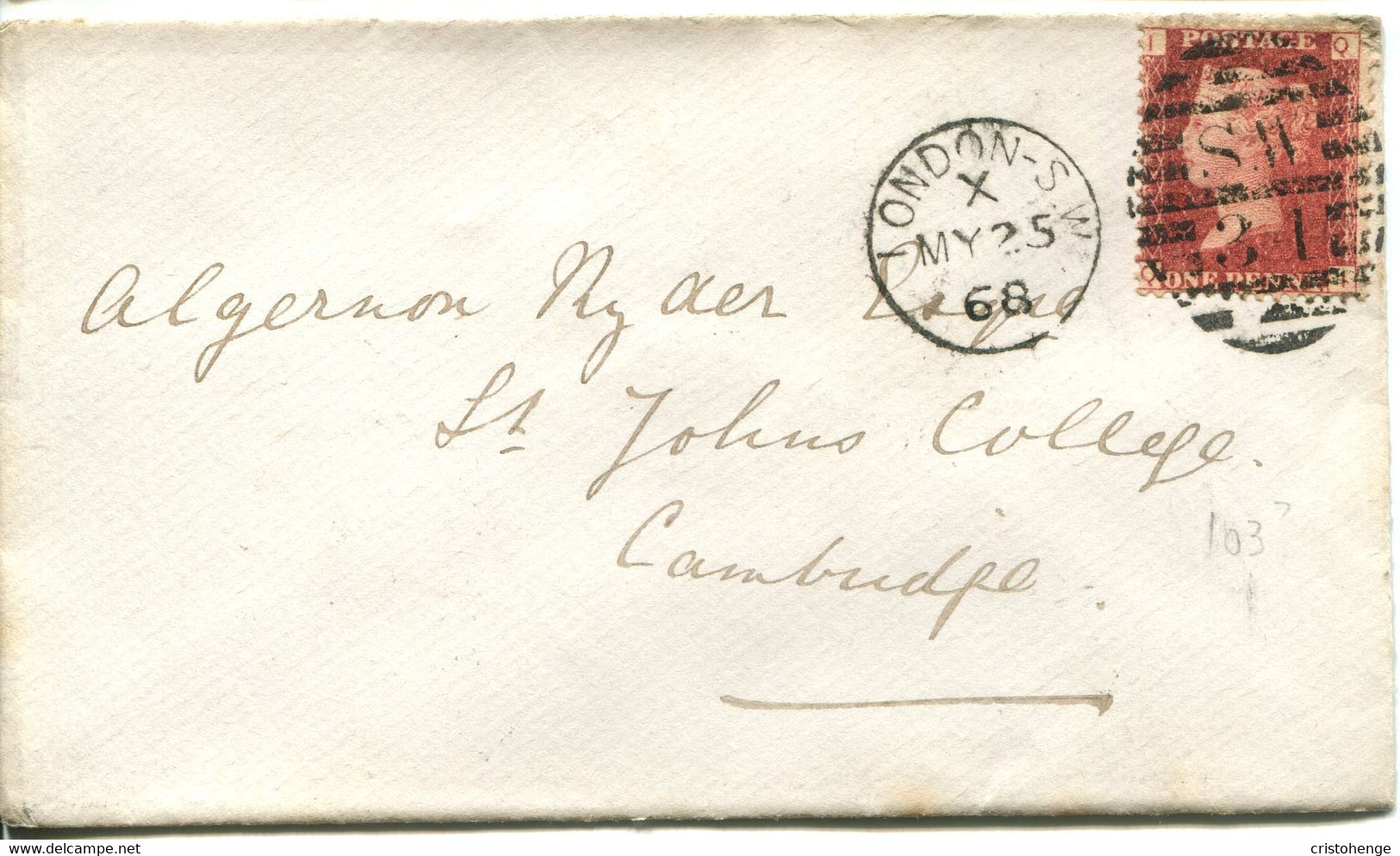Great Britain - England 1868 Cover London To Cambridge - 1d Red - Plate 103 - Briefe U. Dokumente