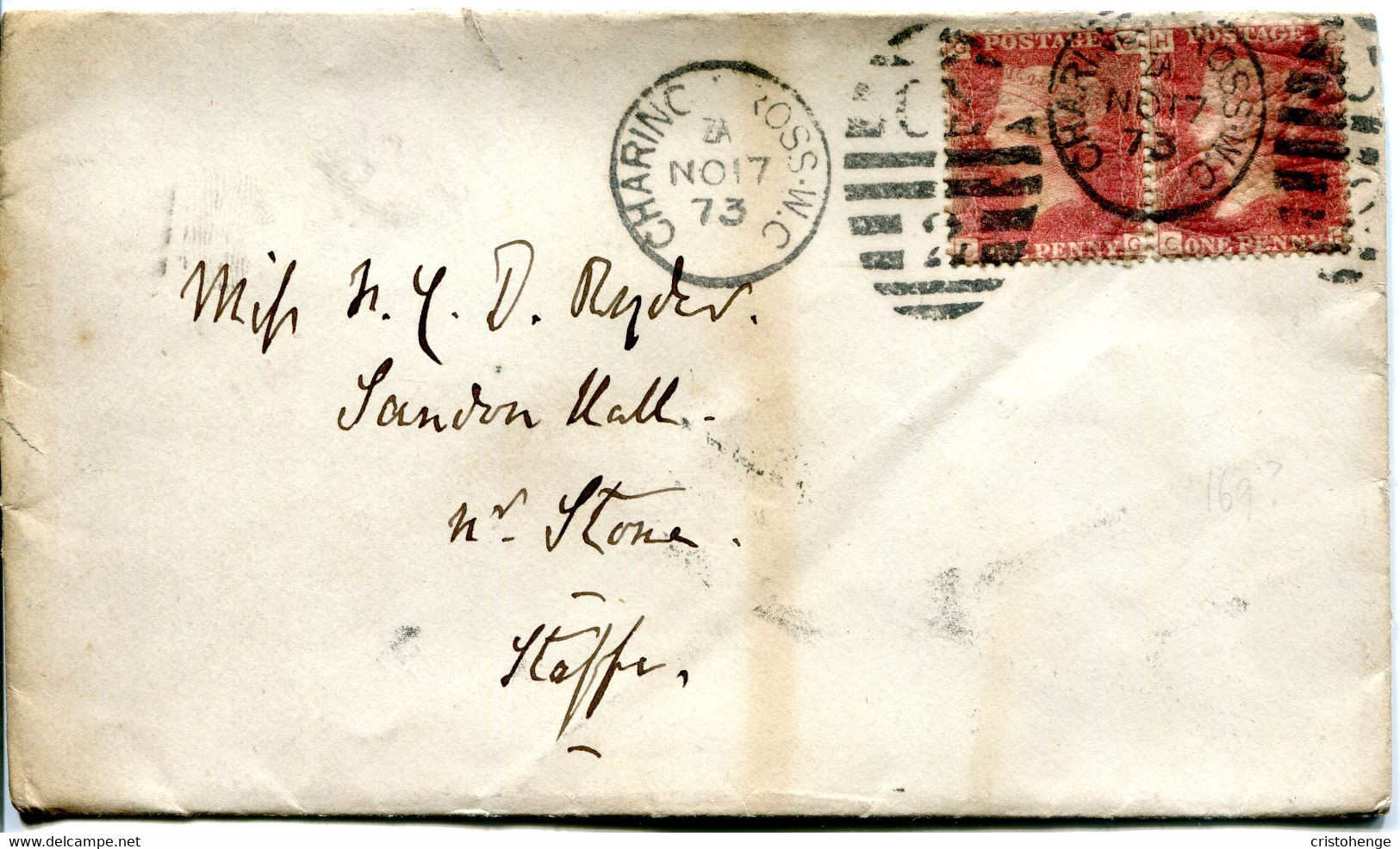 Great Britain - England 1873 Cover Charing Cross To Staffs. - 1d Red Pair - Plate 169 - Covers & Documents