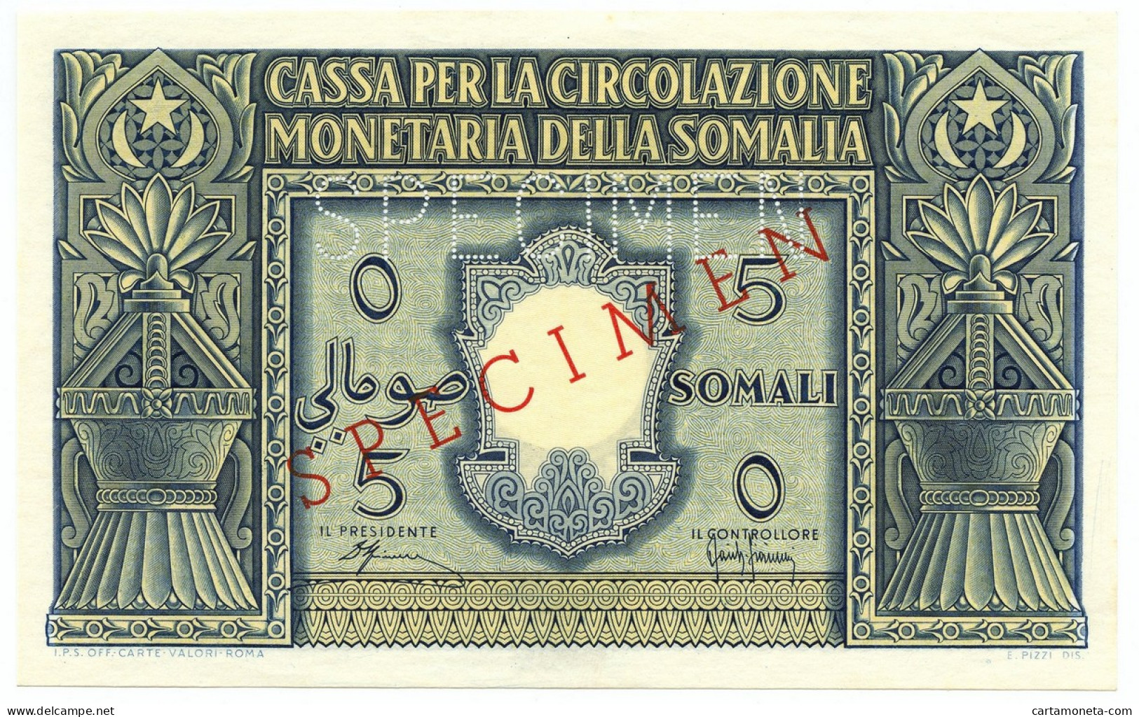 5 SOMALI SPECIMEN CASSA PER LA CIRCOLAZIONE MONETARIA SOMALIA AFIS 1950 QFDS - Somalië