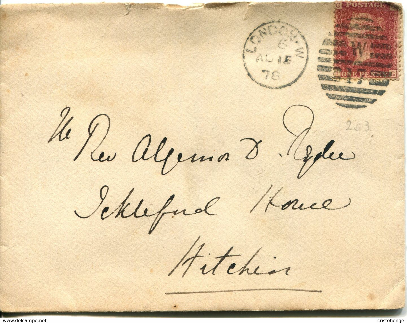 Great Britain - England 1878 Cover London To Hitchin - 1d Red - Plate 203 - Lettres & Documents