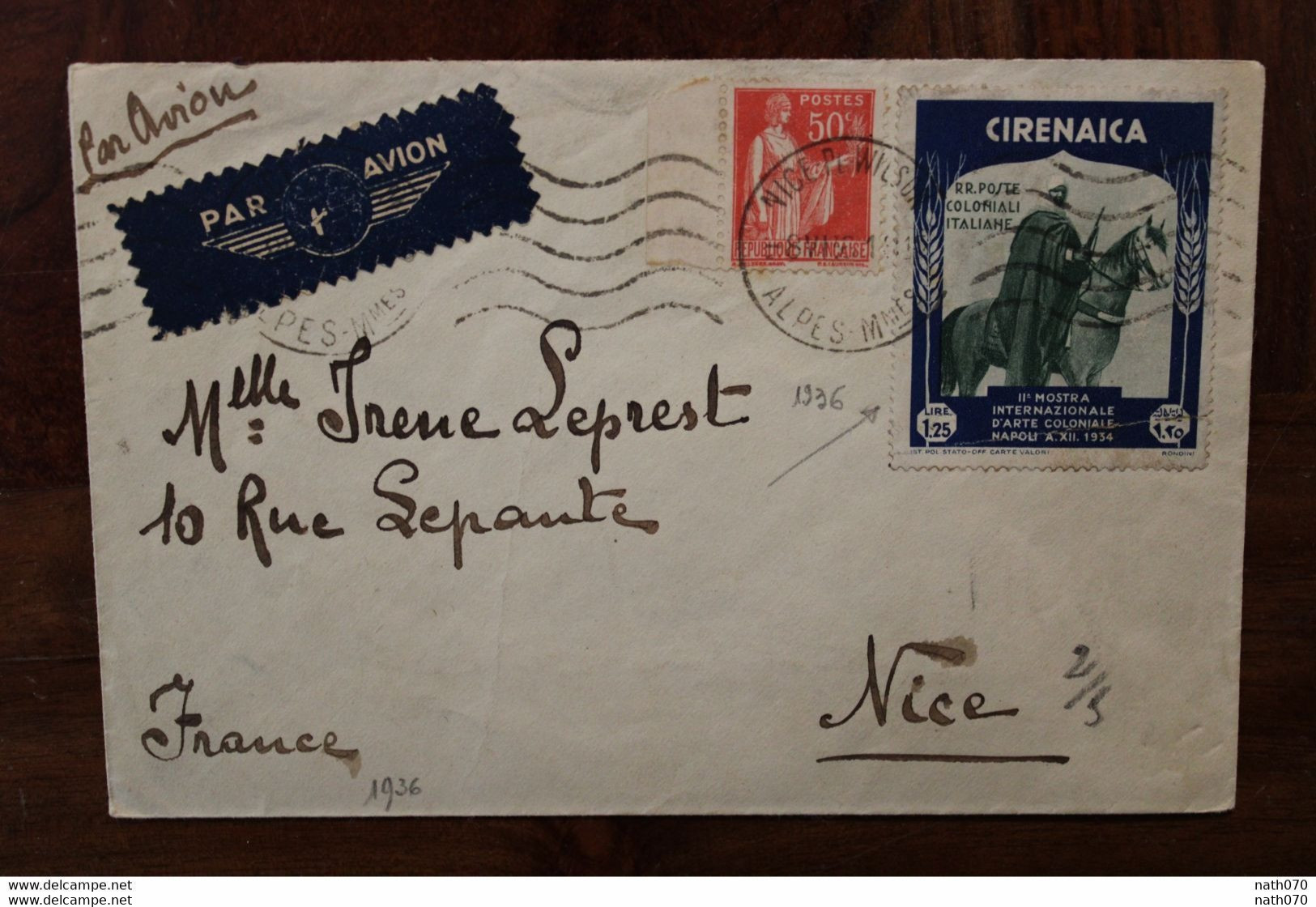 France 1936 Cirenaica Napoli 1934 Italie Colonie Poste Coloniali Italiane Cover Air Enveloppe Flamme Très Rare Mixte !!! - Cirenaica